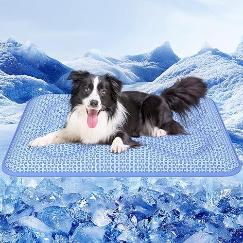 Rywell Dog Cooling Mat, 44*32 Super Thick & Comfortable Cooling Mat for Large Dog with Arc-Chill 3.0 & PCM Tech(Q-Max>0.5), Endothermic Color Changing&Dual Sided for All-Year Use, Portable for Pet Bed - 44'' x 32''(X-Large) - Blue