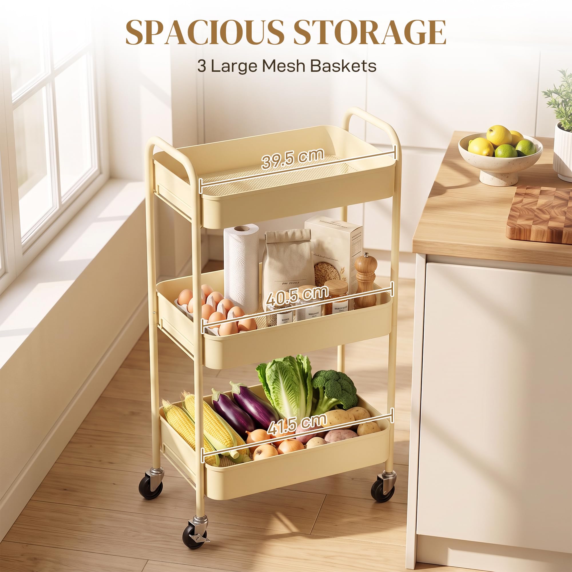 HOMCOM Carrito de Almacenamiento de 3 Niveles con Ruedas, Carrito de Almacenamiento de Metal, Carrito de Ultility con 3 cestas de Malla para Sala de Estar, Cocina, Color Amarillo
