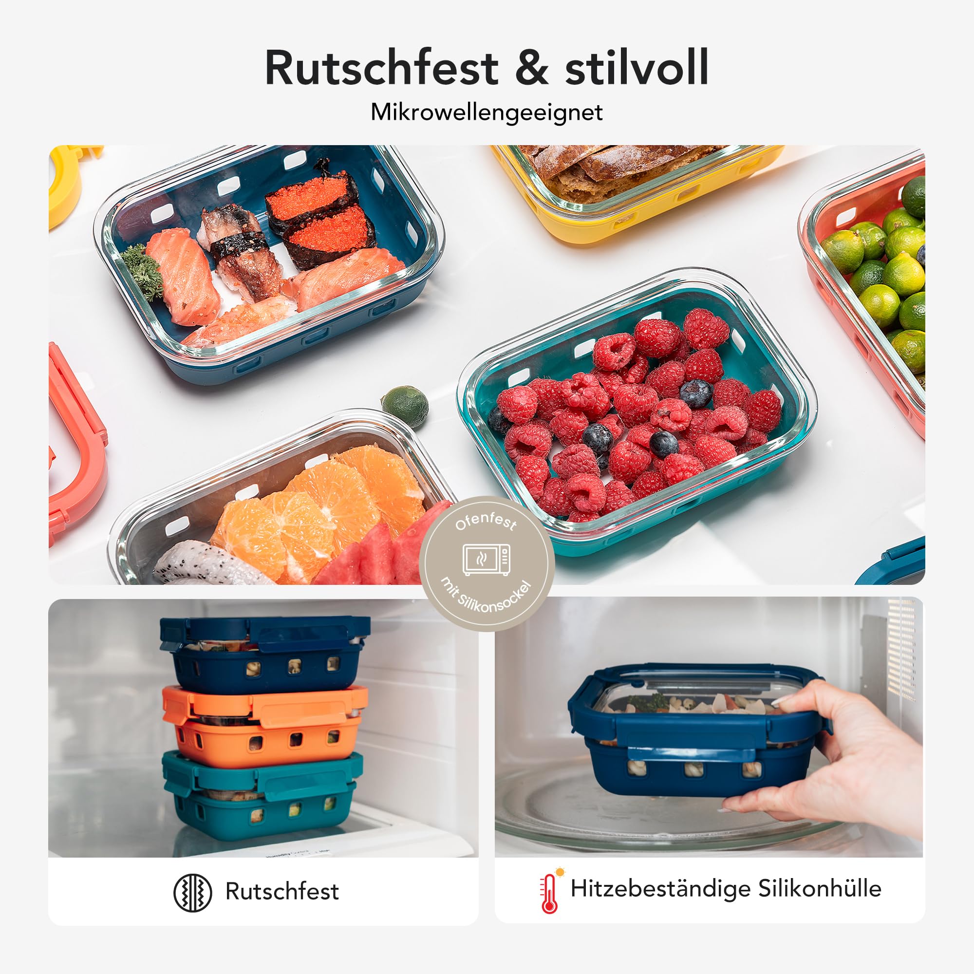 Glasvorratsdosen mit Glasdeckel & Dampfventil,1050 ml*5 Borosilikatglas Behälter mit Silikonhülle,auslaufsicher &luftdicht, für Meal Prep & Kühlschrank Organizer, mikrowellen-backofengeeignet,BPA-frei