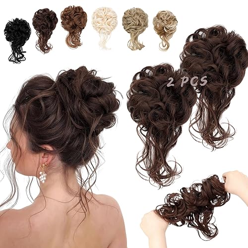 2PCS Messy Bun Hair Piece Tousled Updo with Tendrils Wavy