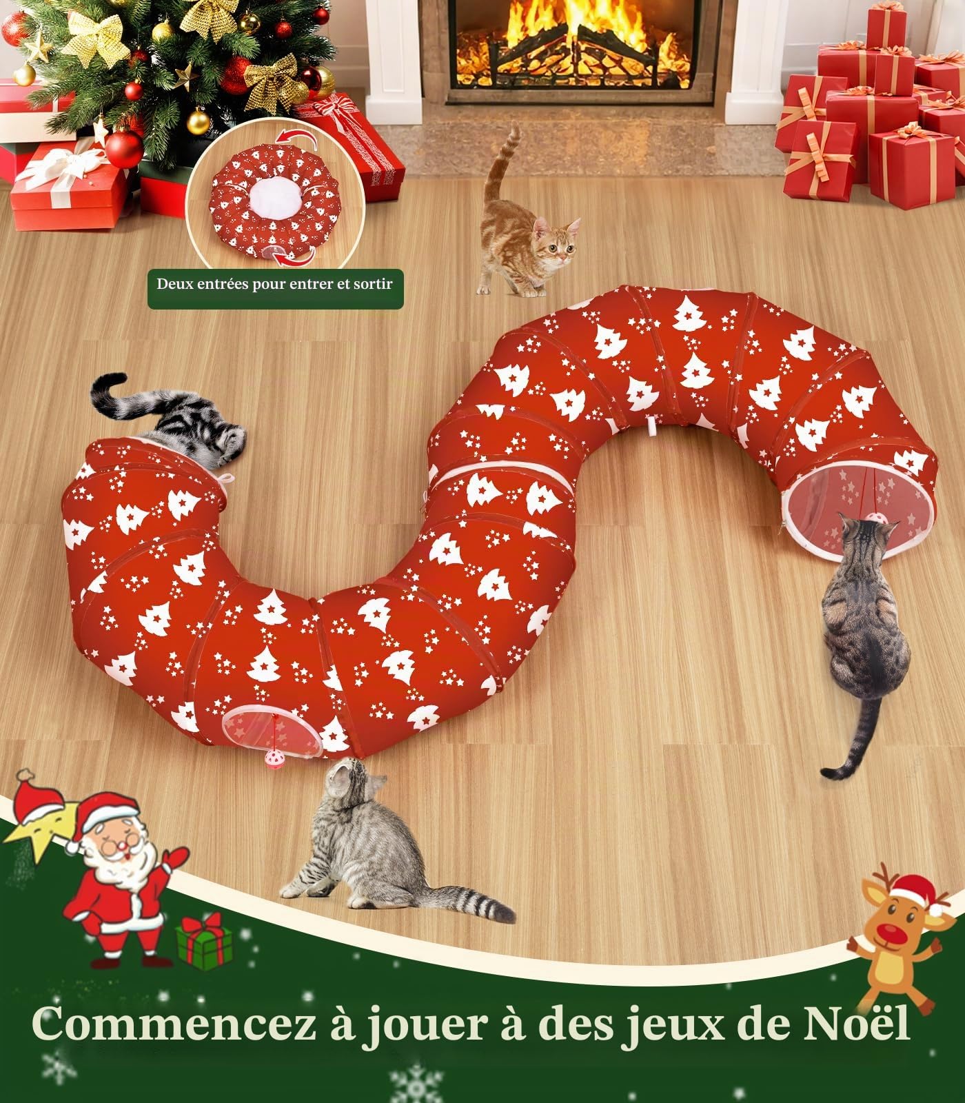 Pawaboo Lit Tunnel Noël Chat 35,4", Sapin Noël | Tunnel avec tapis, balles en peluche et grelots pour jouer, se cacher et se reposer.