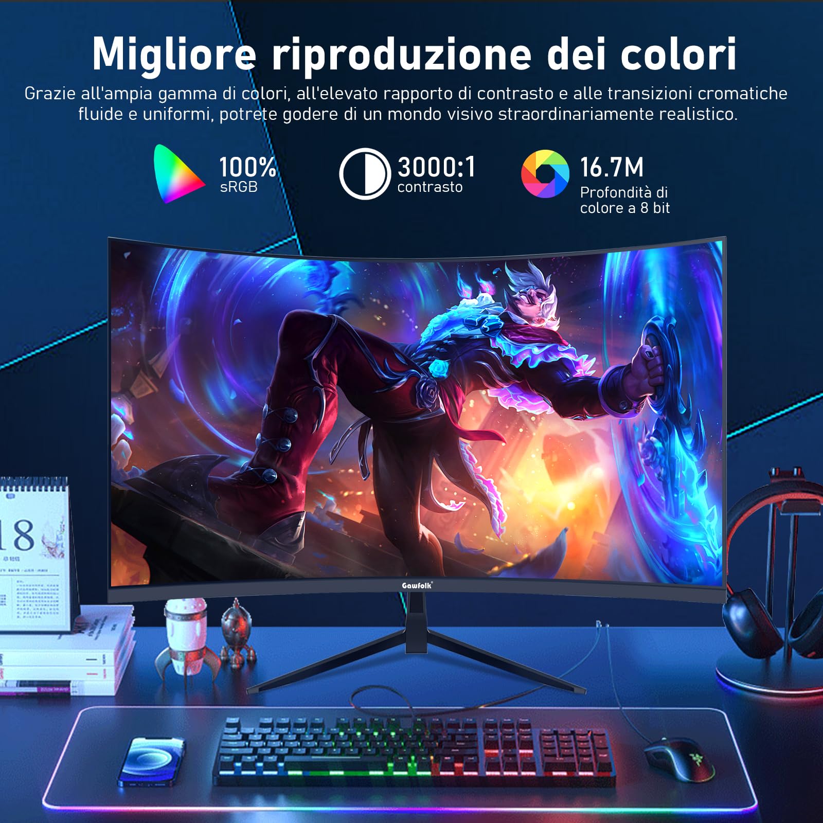Gawfolk schermo PC da 32 pollici, 2K WQHD (2560×1440P), Monitor da gioco curvo a 165 Hz, 1ms, 100% sRGB, grandangolo 178°, HDMI、DisplayPort, Compatibile con VESA100*100MM montato a parete-Nero