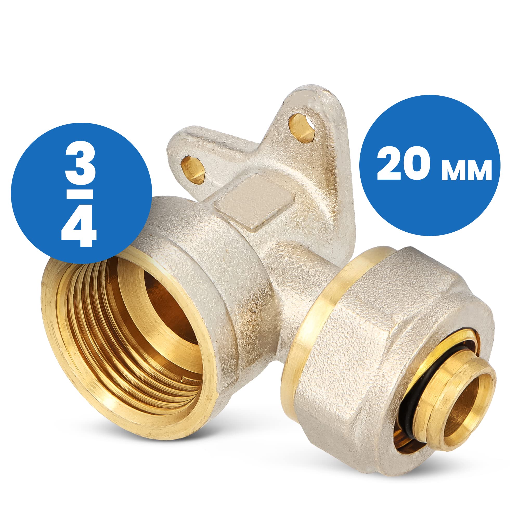 Codo PEX con arandela de pared 20 x 3/4" IG - Calefacción de agua - Pieza en V - Montaje de tornillo - Placa de compresión - Conexión de tubería