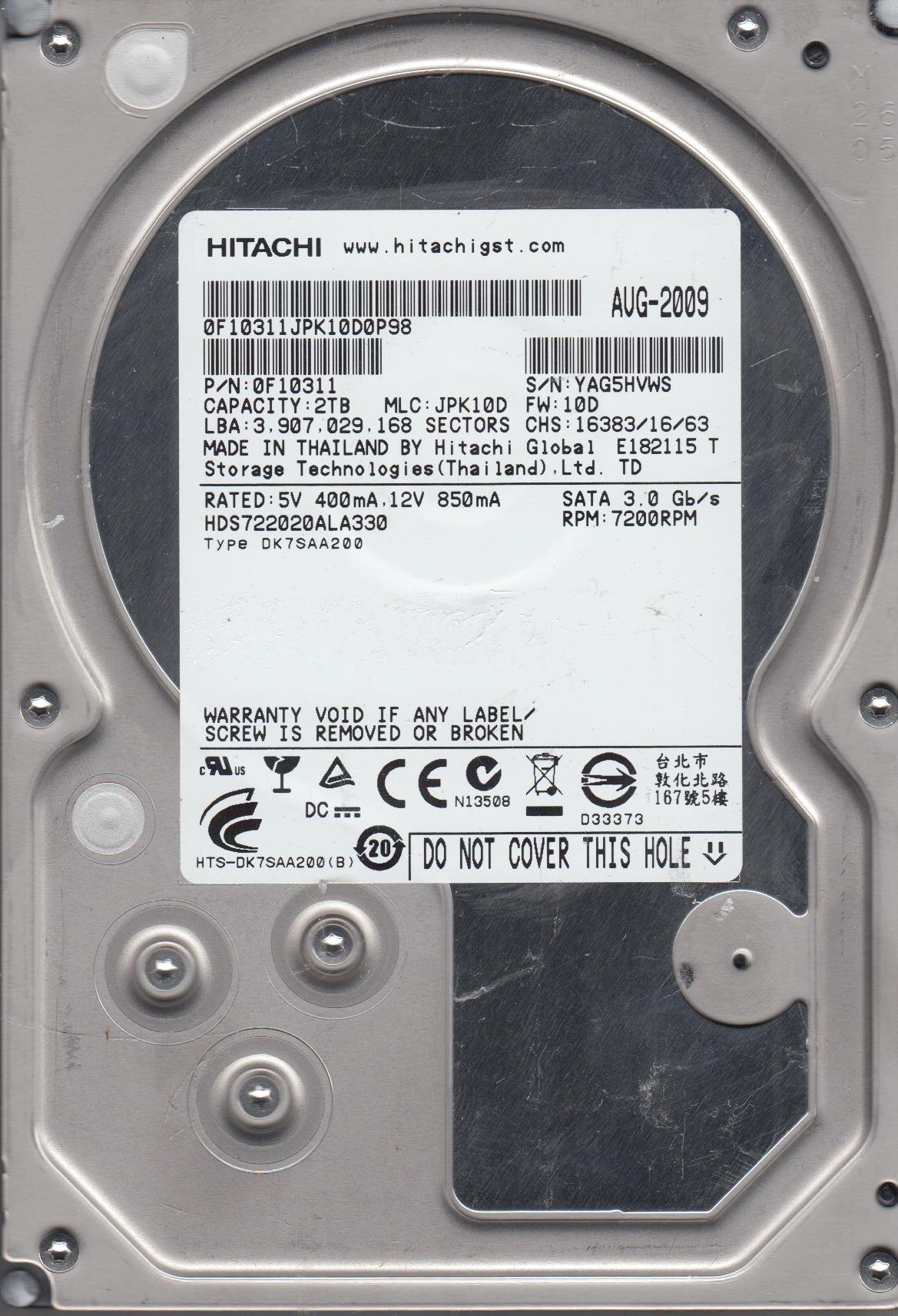 hds722020ala330、PN 0?F10311、MLC jpk10d、Hitachi 2tb SATA 3.5ハードドライブ Amazon | HDS722020ALA330、PN 0F10311、MLC JPK10D、日立2TB