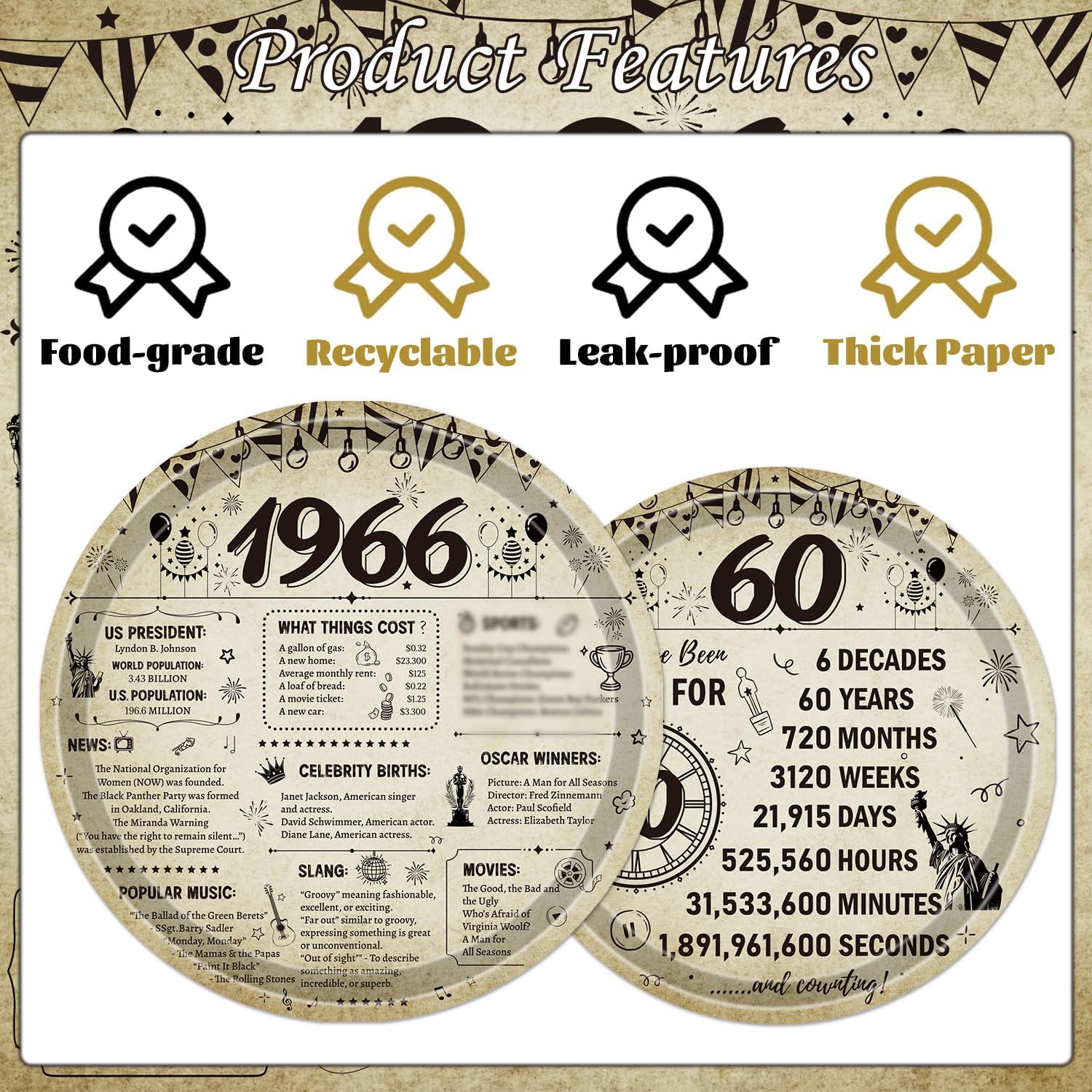 60th Birthday Decorations for Men Women - 98PCS Vintage Back in 1966 Plates Napkins Forks Tablecloth Tableware Set Disposable, Happy 60 Sixty Years Old Bday Party Supplies Decor image 4