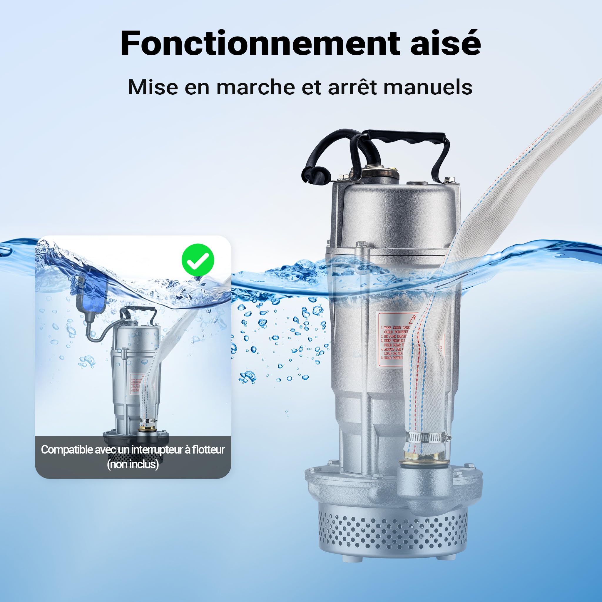 Wiltec Pompe électrique pour eaux sales – Submersible – 370 W / 1500 l/h – Refoulement max. 16 m – avec Tuyau 20 m – Pompe-cave pour Arrosage Irrigation Jardinage Évacuation Drainage