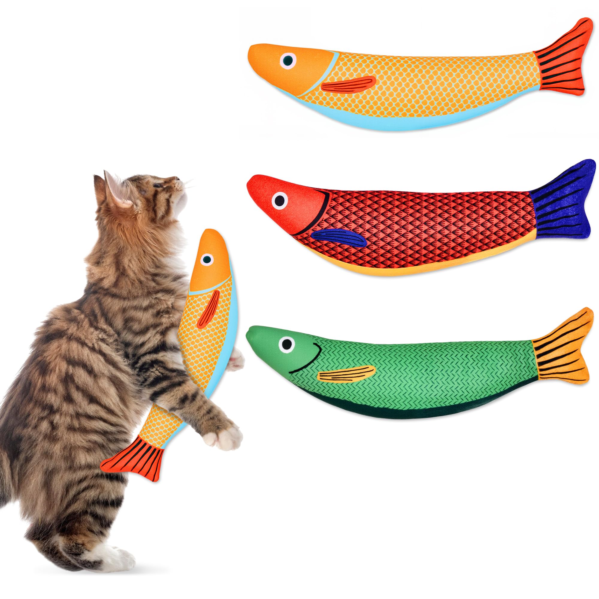 Giocattoli per gatti, confezione da 3 pesci di erba gatta con suono increspato, giocattoli di peluche resistenti per gatti e gattini, 23,9 cm
