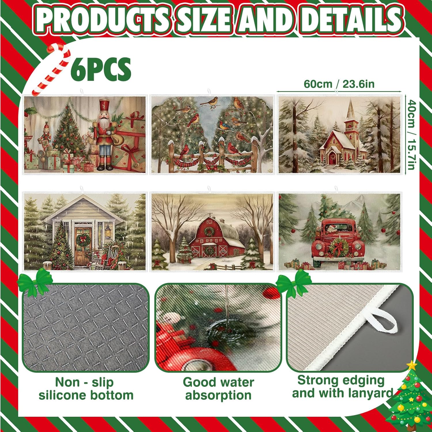 Meanplan Set of 6 Christmas Dish Drying Mats for Kitchen Counter Absorbent Vintage Kitchen Accessories Farmhouse Cottage Table Mats Washable Drainer Draining Pad for Xmas Decoration Winter 24"x 16"