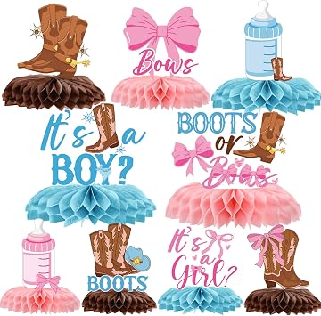 Boots Bows Gender Reveal Decorations - Inisajace 9PCS Boots Bows Honeycomb Centerpieces Decoration Western Cowboy or Cowgirl Decor Supplies for Baby Shower