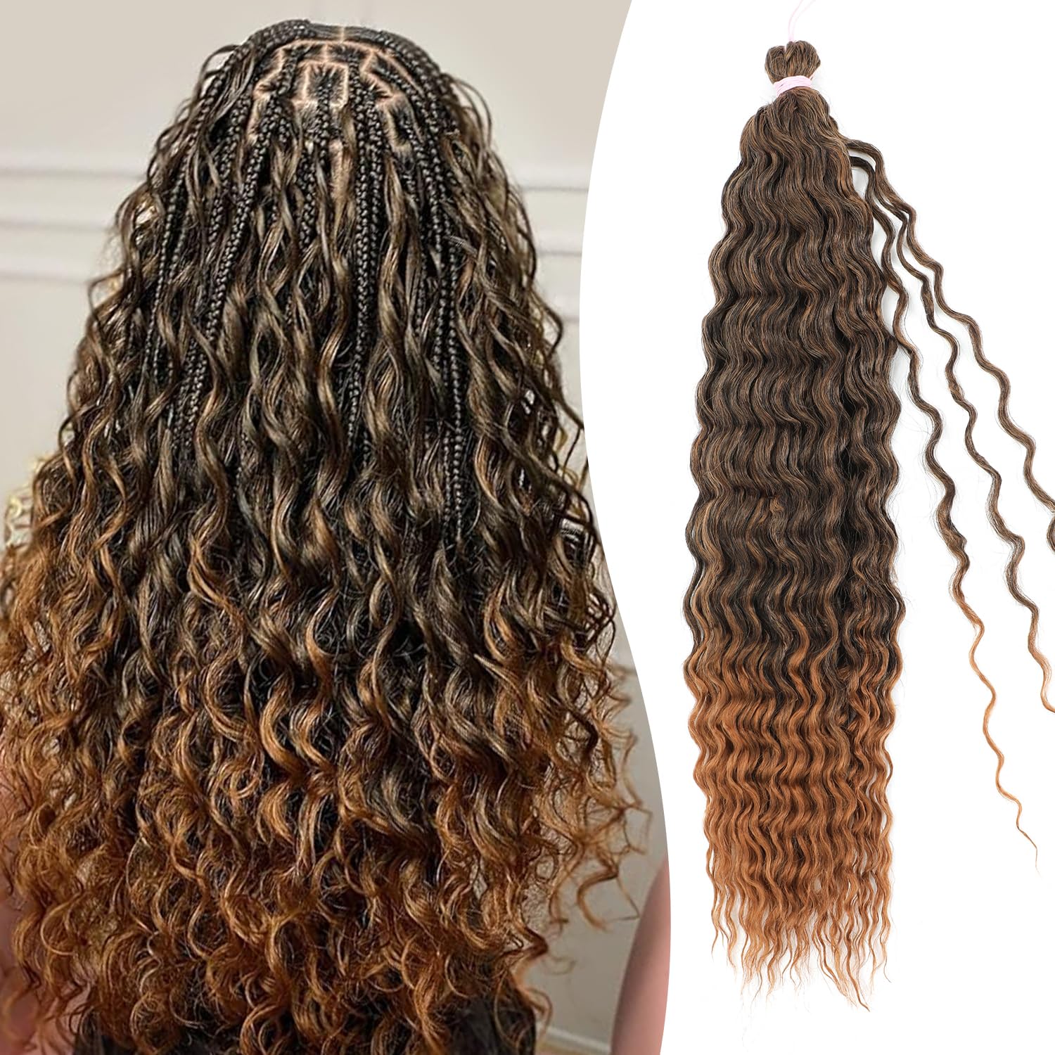 HUA Highlights Brown Human Mix Synthetic Braiding Hair Deep Wave Braiding Hair for Boho Braids 4/30 Color Long Curly Braids 20 Inch One Bundle 130g 3-