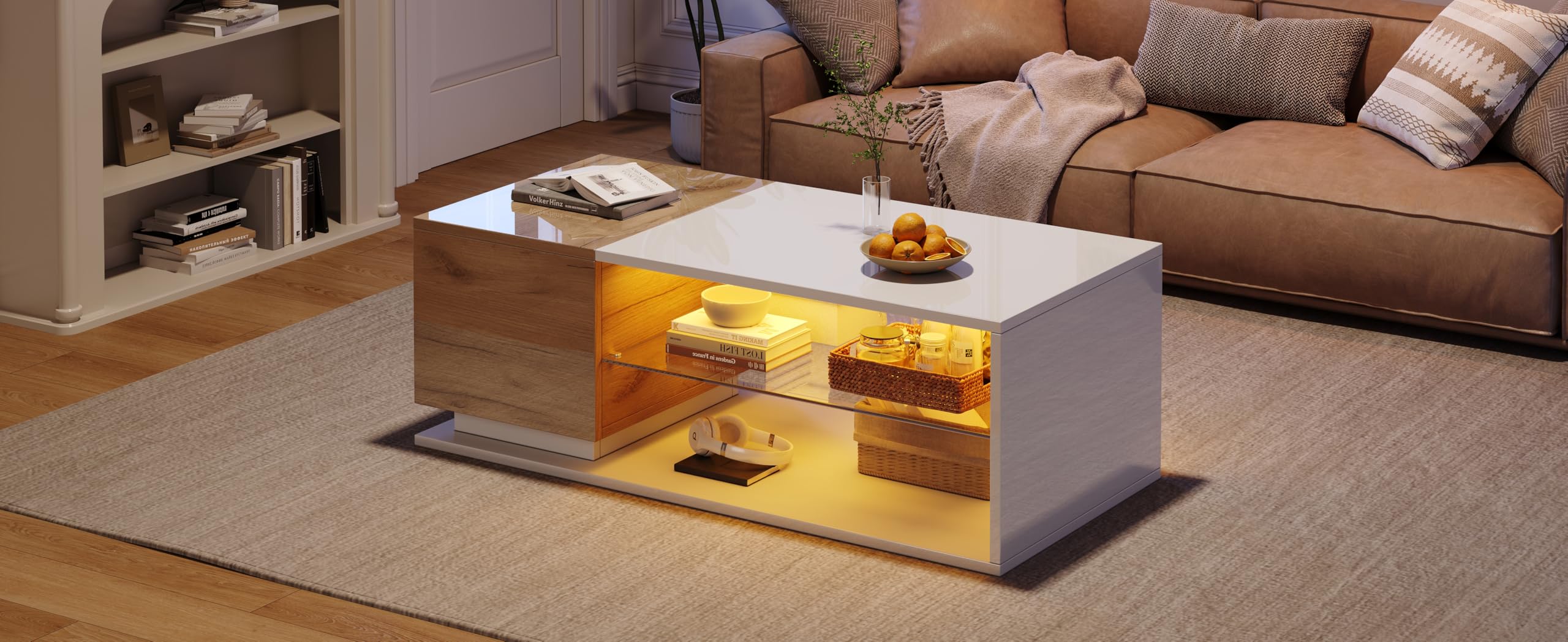 Mesa de centro LED Anself con almacenamiento y superficie alto brillo