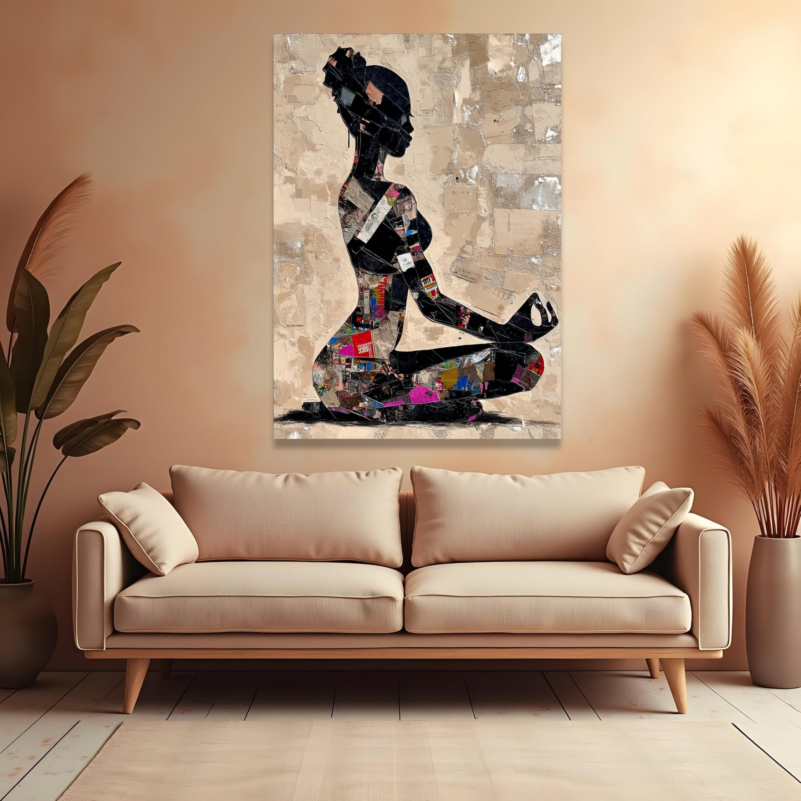 YUSUZHU Tela con silhouette di donna in meditazione, arte astratta con posa yoga, collage a tecnica mista, decorazione spirituale per la casa (60x90 cm/cornice interna)