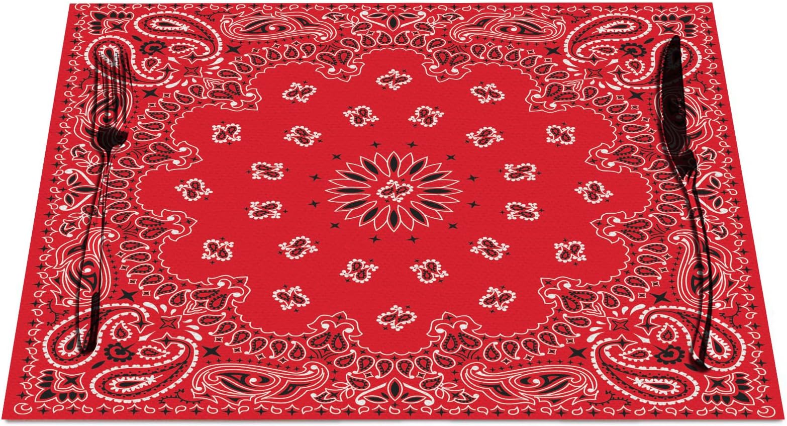 Western Paisley Dining Table Placemats Bandana Red Ornaments Cloth Linen Wipeable Placemats Table Pads Indoor Table Protectors Non Slip,Square Set of 4 12 * 18 Inch