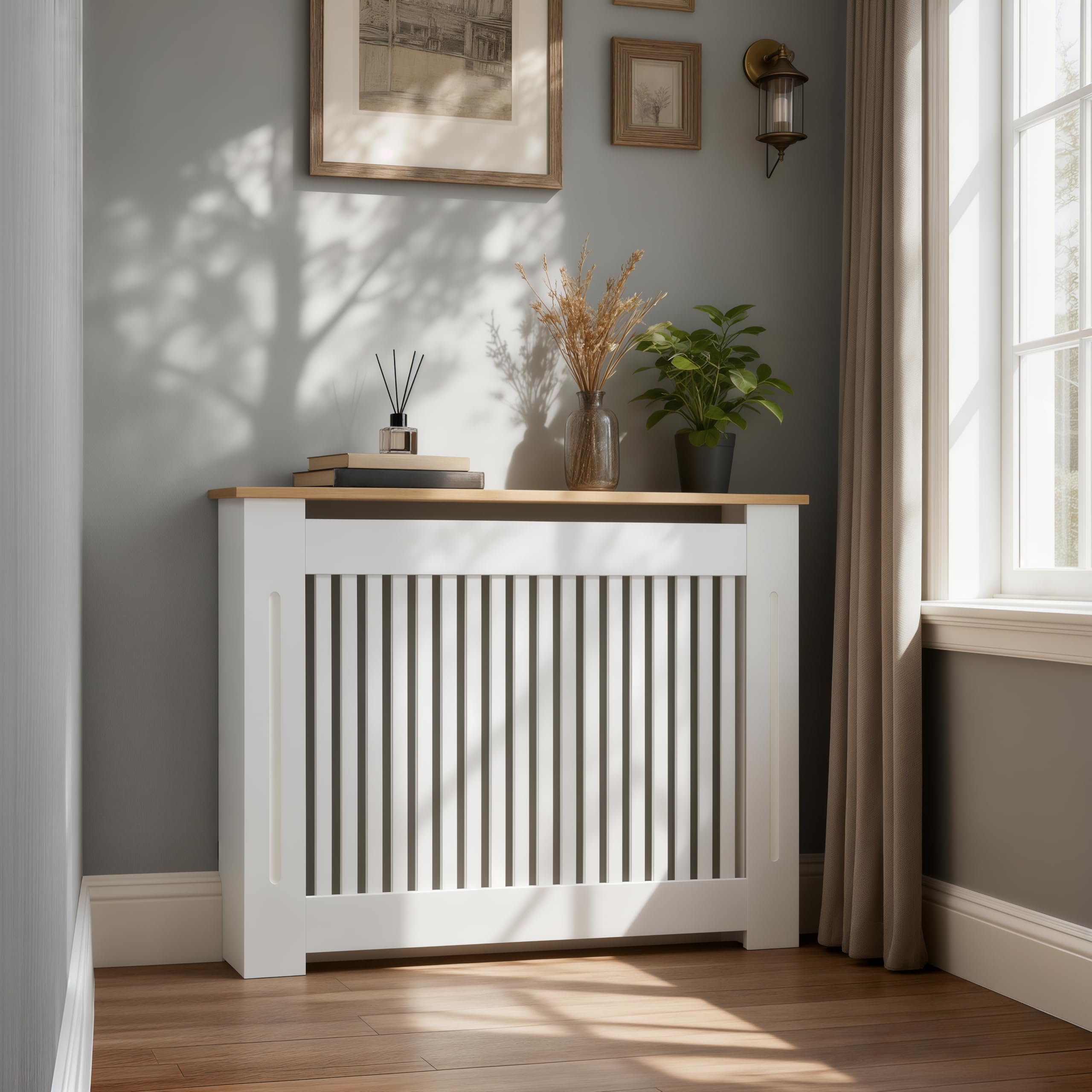 FATIVO Radiator Cover Vertical Slatted MDF : Heating Cabinet with Natural Wood Effect Shelf Top, Decorative Radiator Guard for Living Room Bedroom Hall Way Home Furniture, Radiator Covers Medium