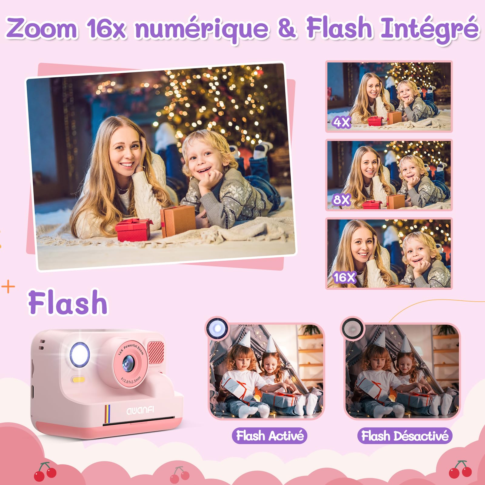 Appareil Photo Instantané Enfant Cadeau Jouet Fille Garçon 3-12 Ans, AWANFI Caméra Numérique Vidéo 1080P Carte 32GB avec 3 Rouleaux de Papier et Impression APP Bluetooth