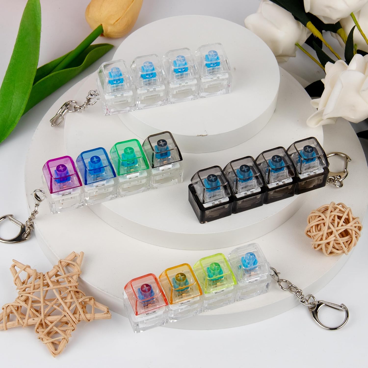 4 PCS Keyboard Fidget Toy, Keyboard Fidget Keychain 4-in-1 Keyboard Decompression Button Finger Clicker Toys, Button Stress Relief Fidget Gifts (Clear Black Transparent Colorful)