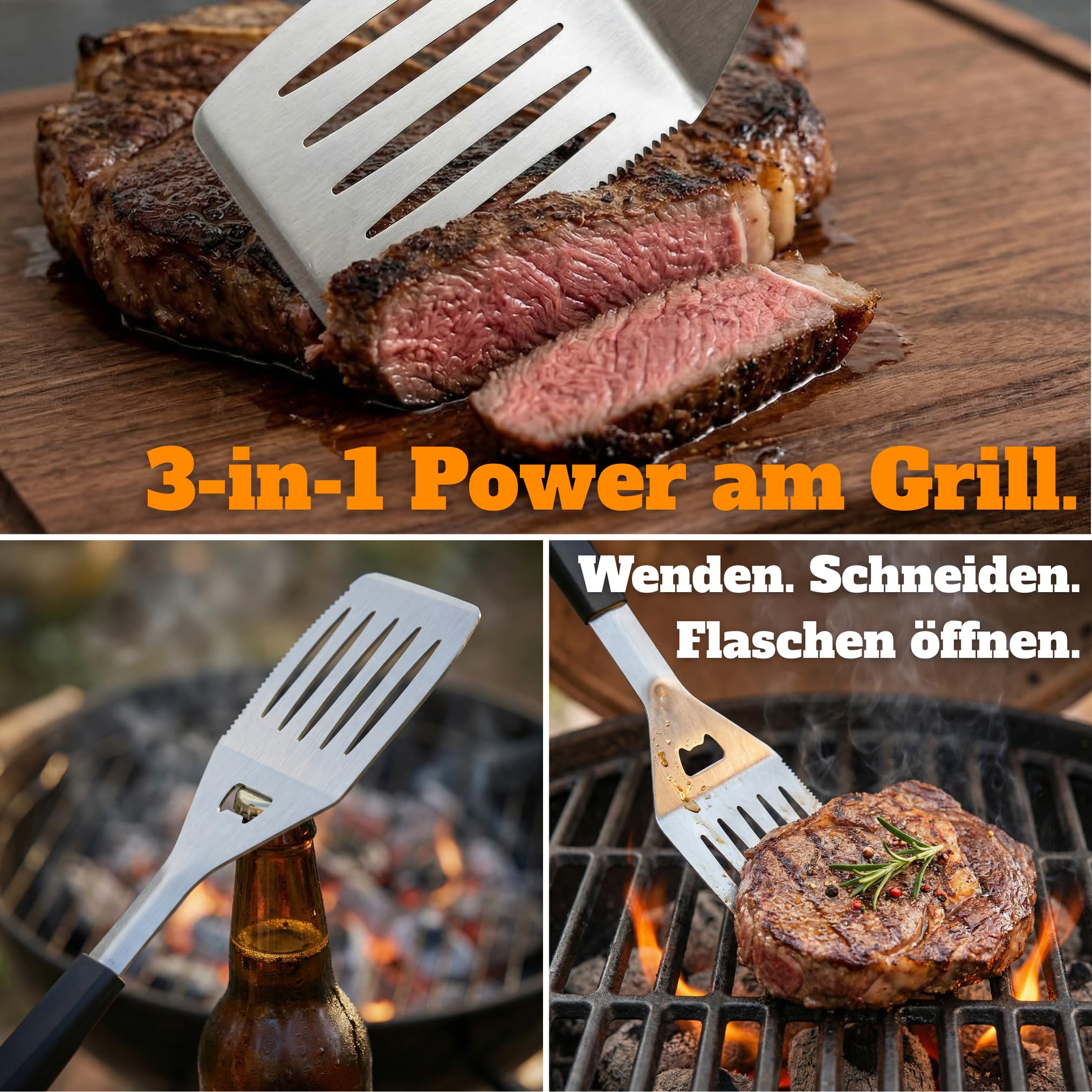 Grillkoffer Grill Set für Männer - Grillbesteck Edelstahl im Holzkoffer | 3-in-1 Wender mit Flaschenöffner & Schneidkante, Grill Zubehör, Geschenk zum Vatertag & Weihnachten