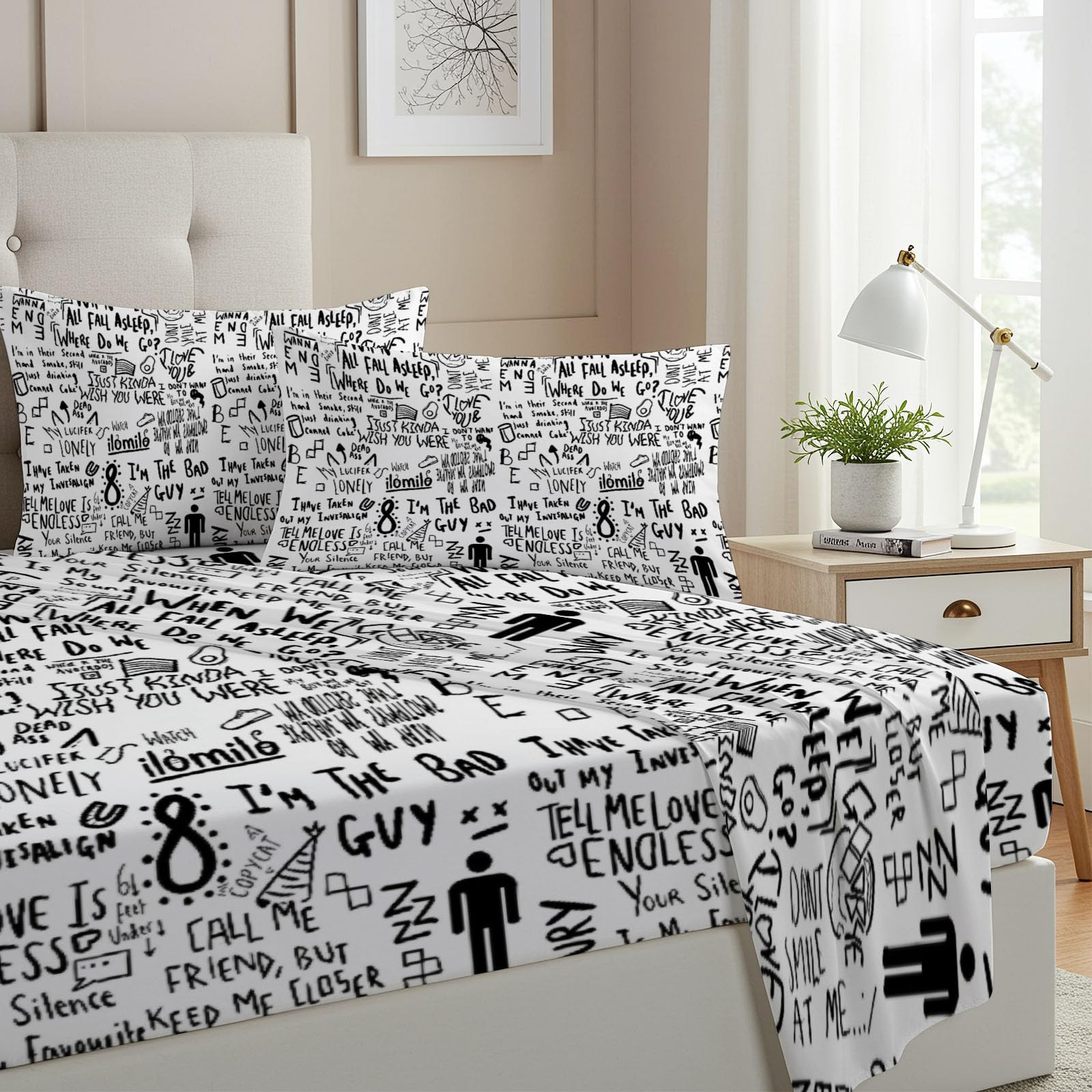 Allenjoy Full Size Dark Pop Muse Fitted Sheet Wavy Soundscapes Bed Flat Sheets Bedding Set Deep Pockets Up to 16" Bedroom Decor with 2 Pillowcases