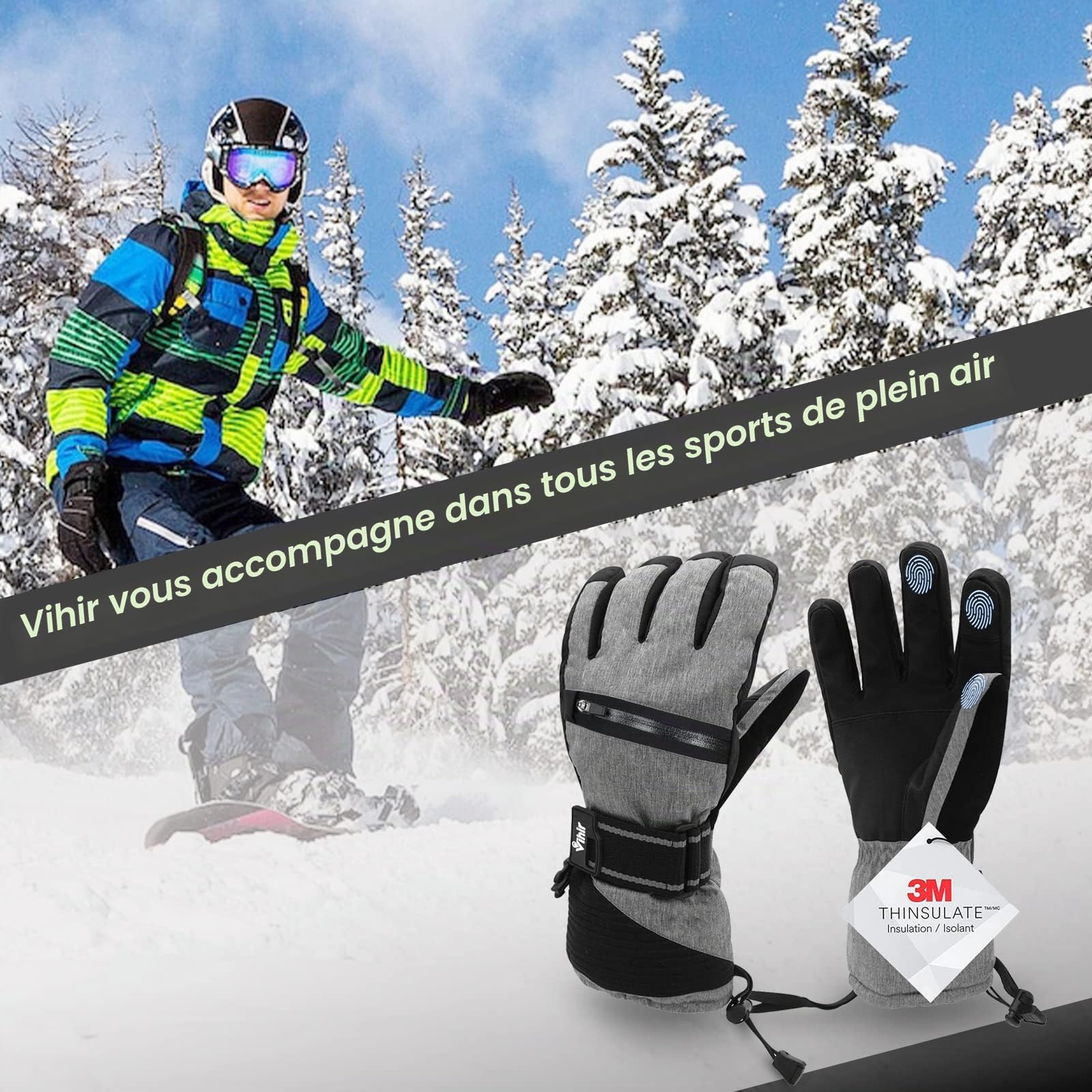Vihir Gants de Ski d'hiver pour Homme et Femme, Gants Thermiques 3M Imperméables, Gants de Cyclisme Chauds, Vent Respirant Antidérapant Idéal pour Ski Snowboard Course Cyclisme