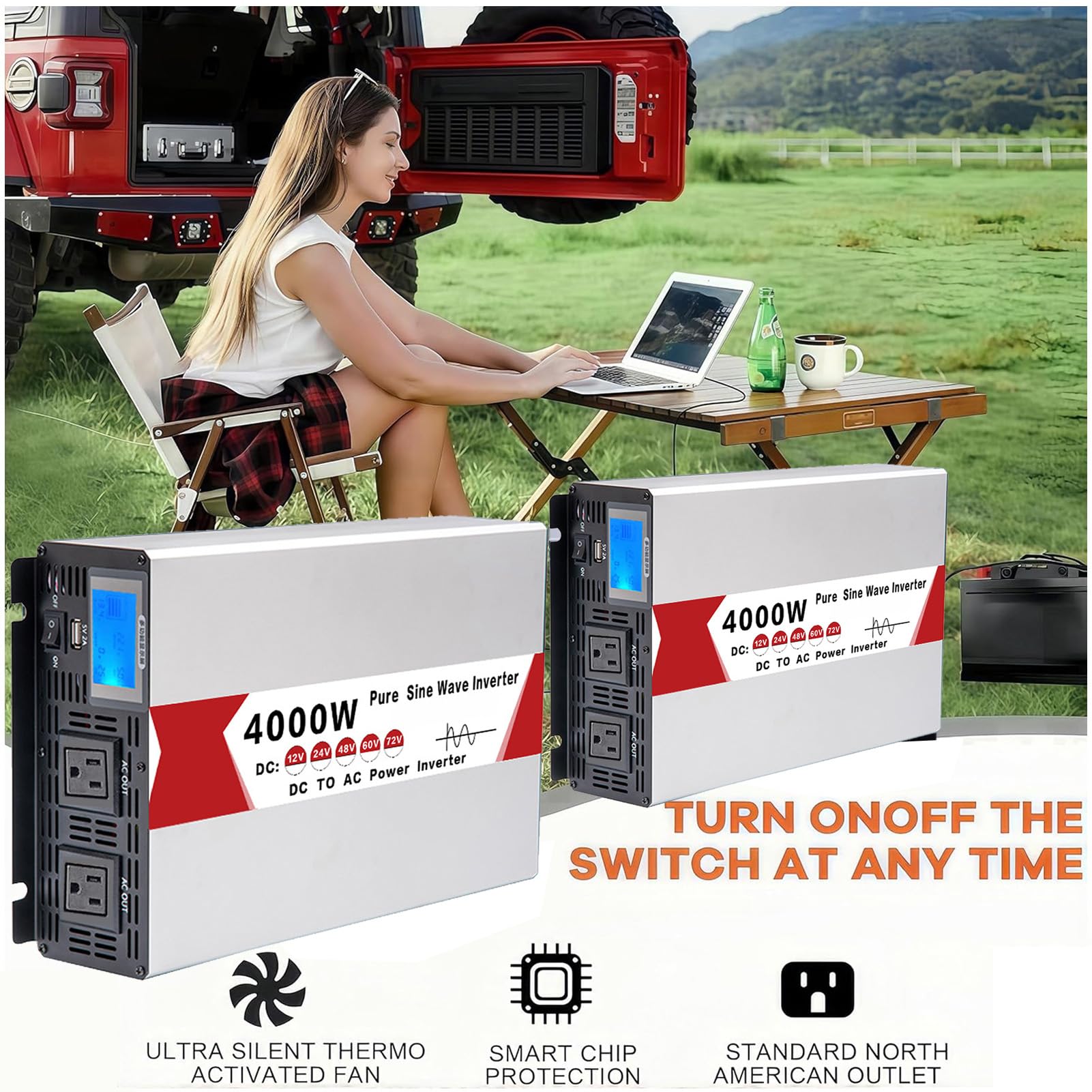 Convertitore Inverter a Onda Sinusoidale Pura da 4000 W CC 12 V/24 V/48 V/60 V/72 V, Ingresso CC, Uscita CA, Inverter Solare a Bassa Frequenza 110 V/240 V(Size:12v to 110v)