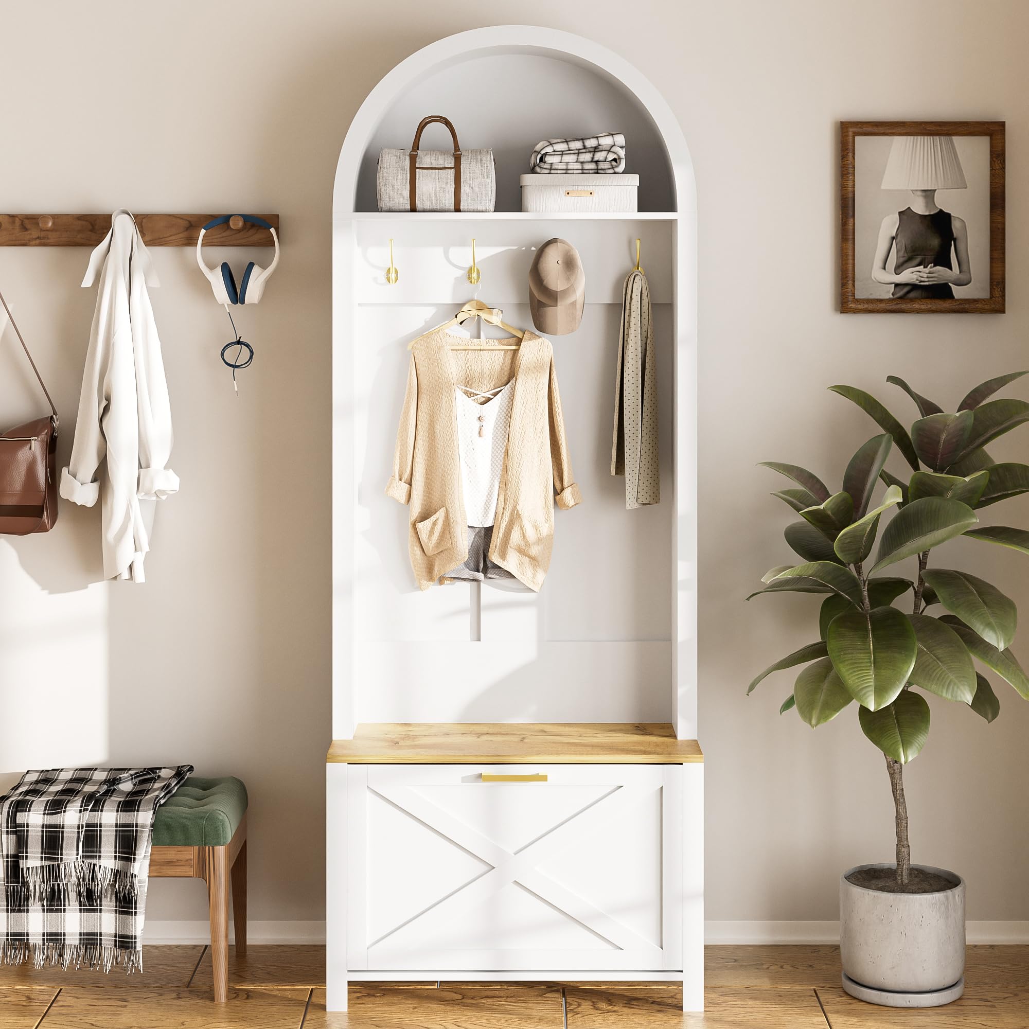 Merax Garderobe Set, Kompaktgarderobe mit Schuhregal, Ablage & Haken, 75x35x195 cm, Weiß