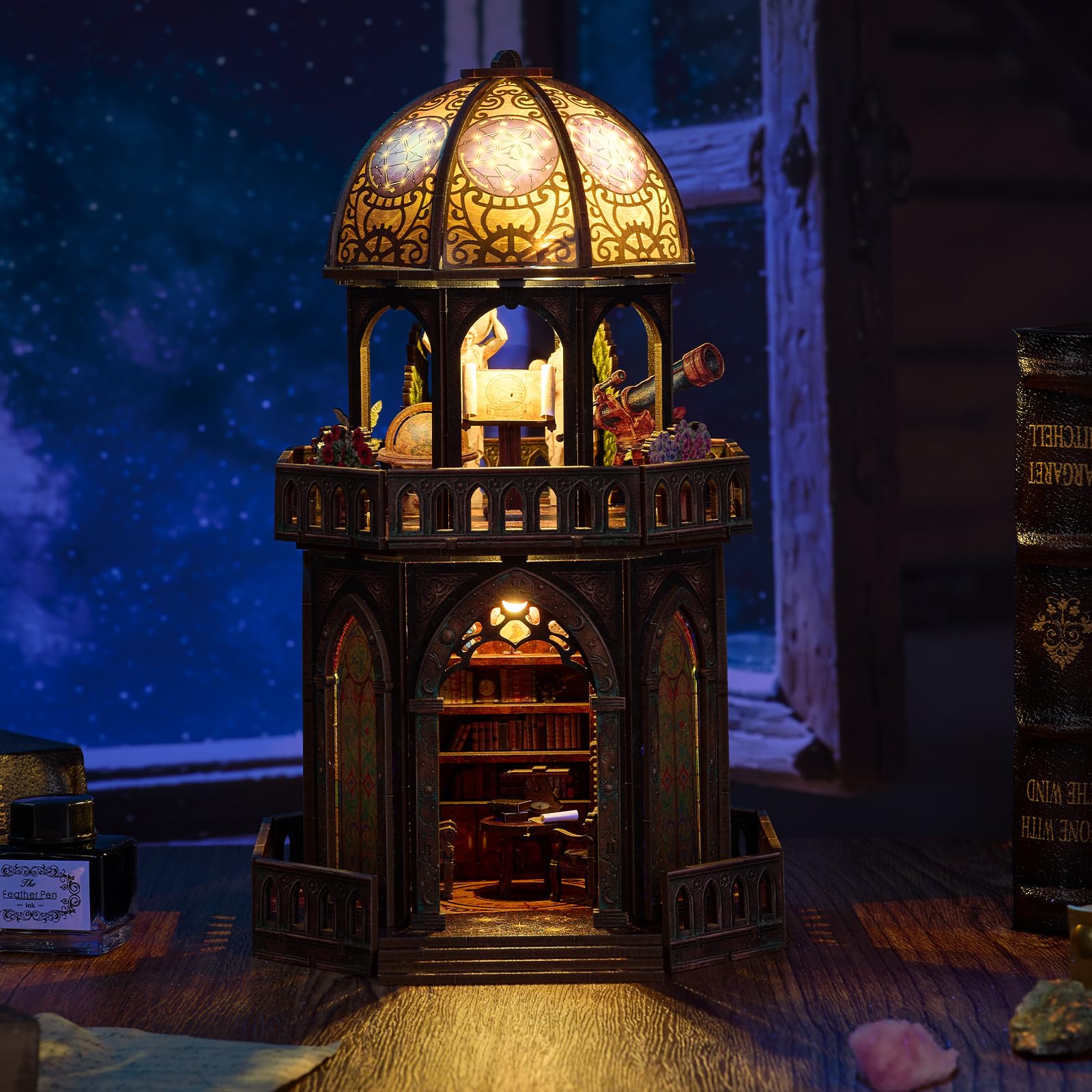 Kit per Casa Delle Bambole in Miniatura per Adulti, Torre Observatory | kit fai da te per mini Casa Book Nook con Luce a LED, Diorama, Libreria Decorativa, Regalo per Familiari e Amici