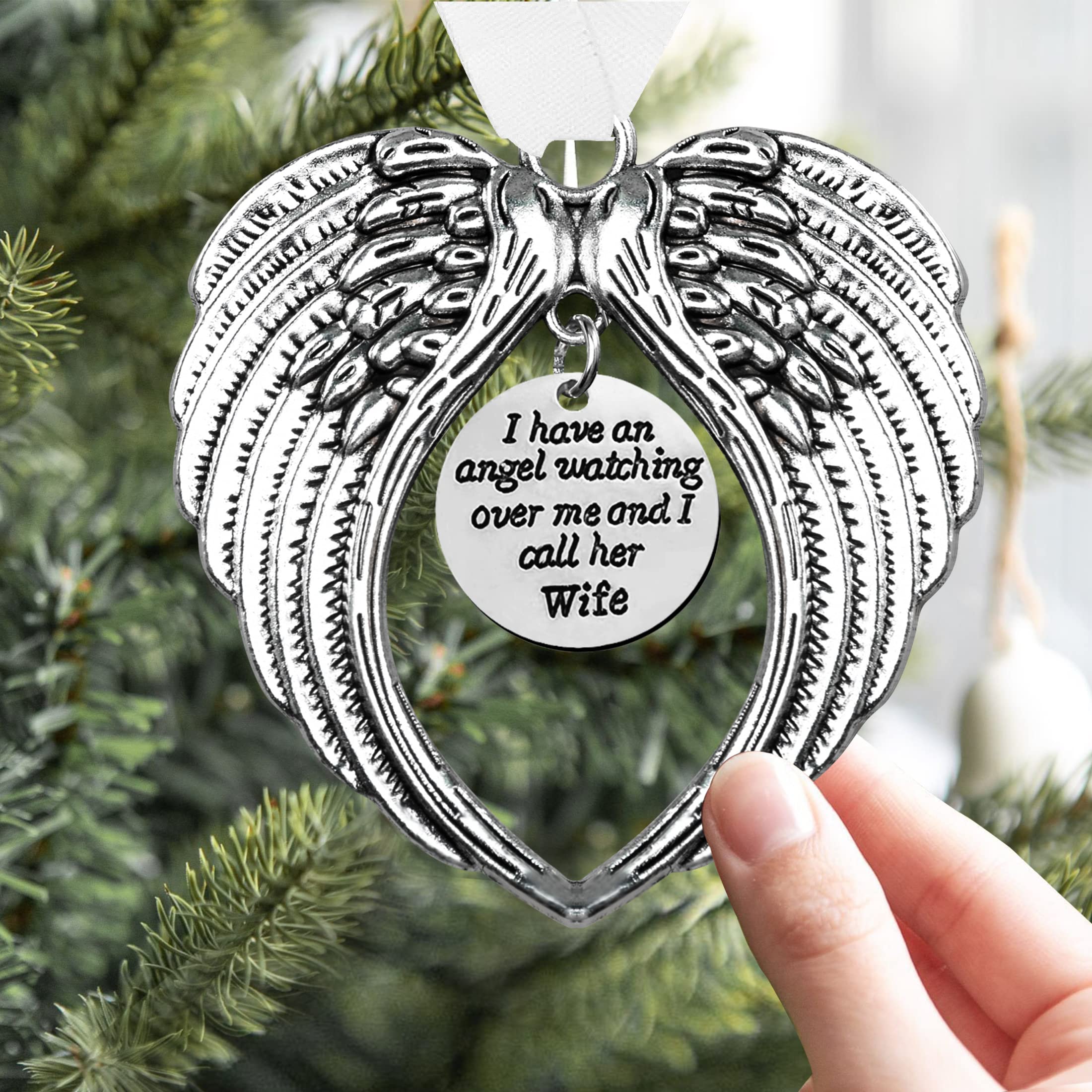Christmas Memorial Hanging Ornaments Angel Wings, Memory Gifts Pendant I Have a Angel Watching Over Me I Call Her Wife Xmas Tree Hanging Sympathy Gift for Loss of Loved One in Heaven
