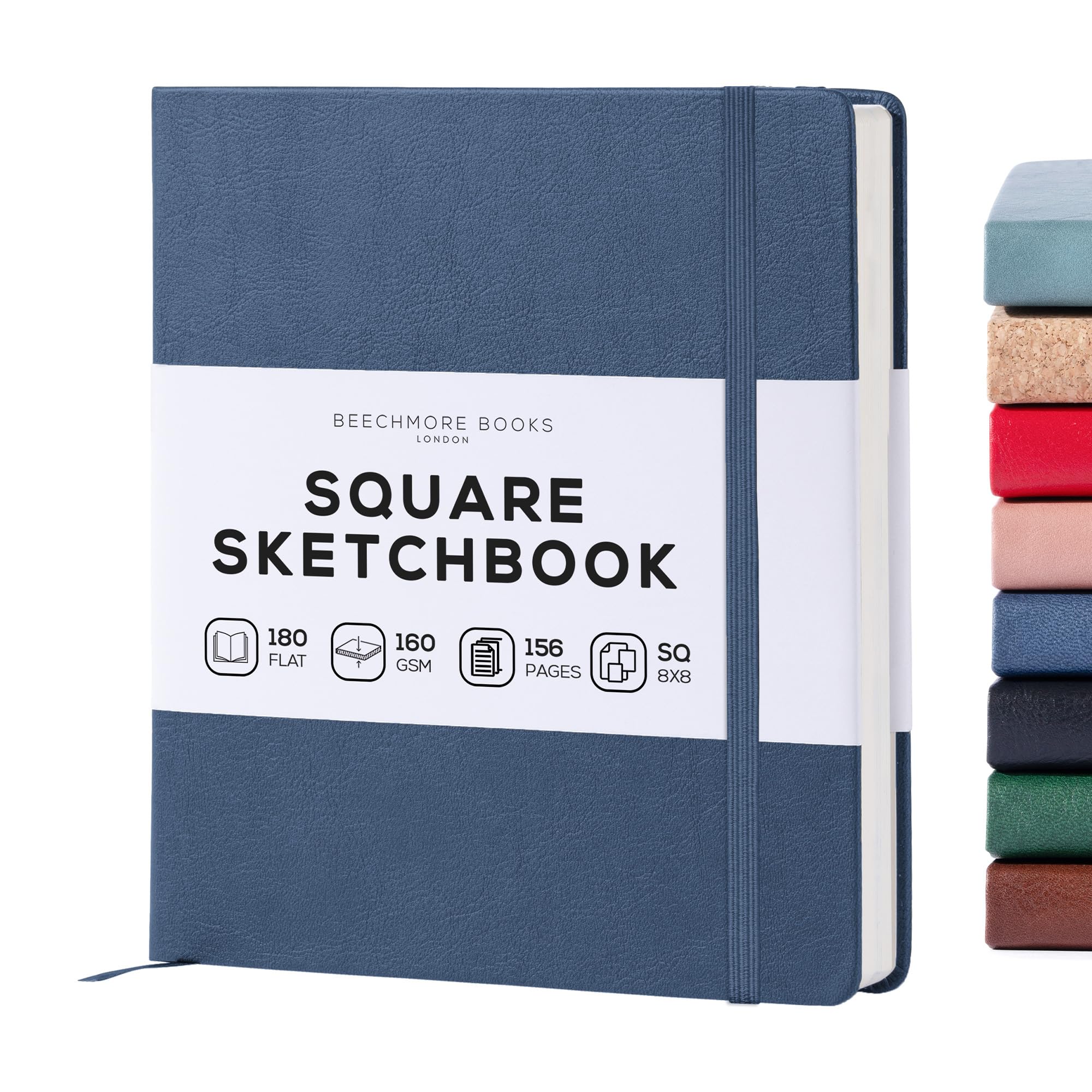 Beechmore Books Symphony Blue Square Mixed Media Sketchbook – 8”X8” Inch Professional Art Journal, 160 Gsm / 98 Lb Ivory Paper, Perforated Pages, Vegan Leather Hardcover, Lay-Flat Design For Drawing & Doodling