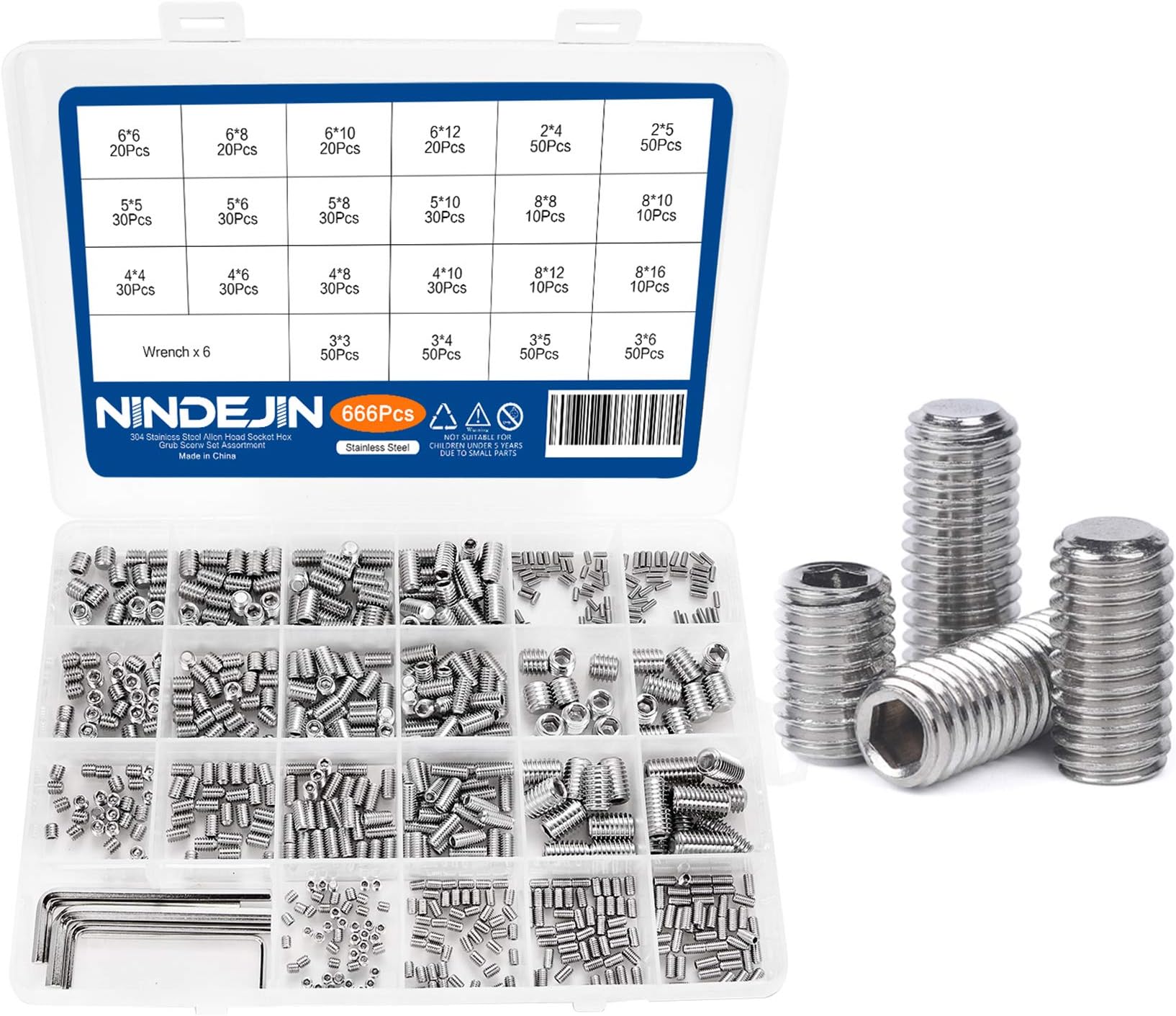 NINDEJIN Set Screws - M2,M3,M4,M5,M6,M8 Metric Hex Flat Grub Set Screw, 304 Stainless Steel - 660 pcs with 6 Allen Keys Assortment Kit - Ideal for Home Repairs Bathroom Fixtures