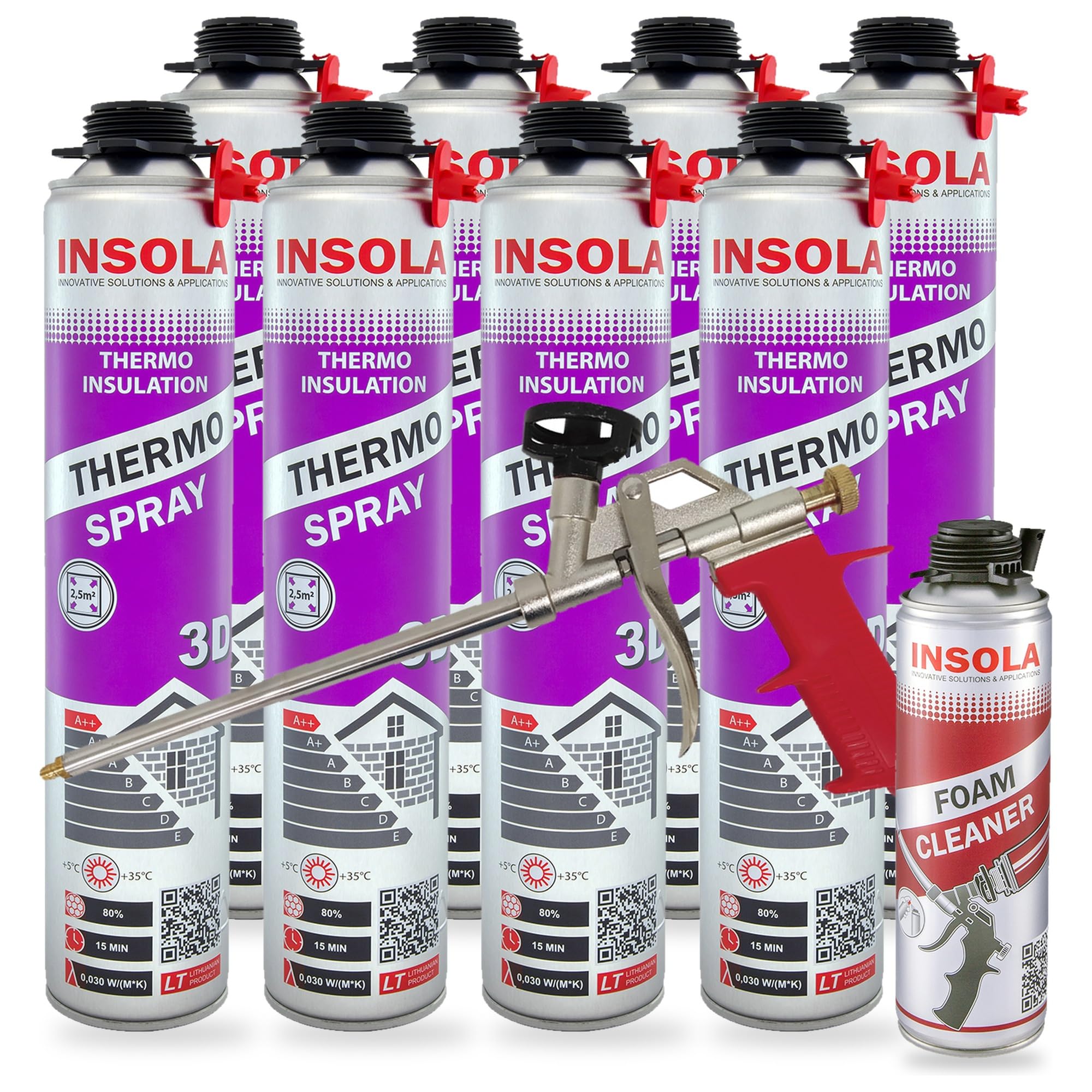 INSOLA Professional Spray Foam Insulation Kit – 8 x 850ml Thermo Spray 3D + Foam Gun + Cleaner – λ 0.030, 80% Closed Cell – Covers Approx. 20 m² (215 sq ft) at 3 cm (1.2 in) – Walls, Floors & Vans