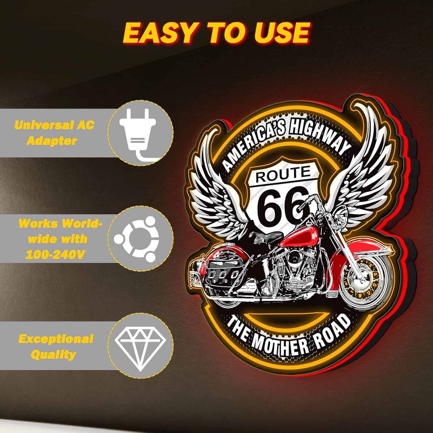Route 66 Neon Sign, Retro Signs with 3D Texture Design, Motorcycle and Soaring eagle wings design, Wall Decor for Man Cave/Living Room/Home Office/Bar/Garage/Club