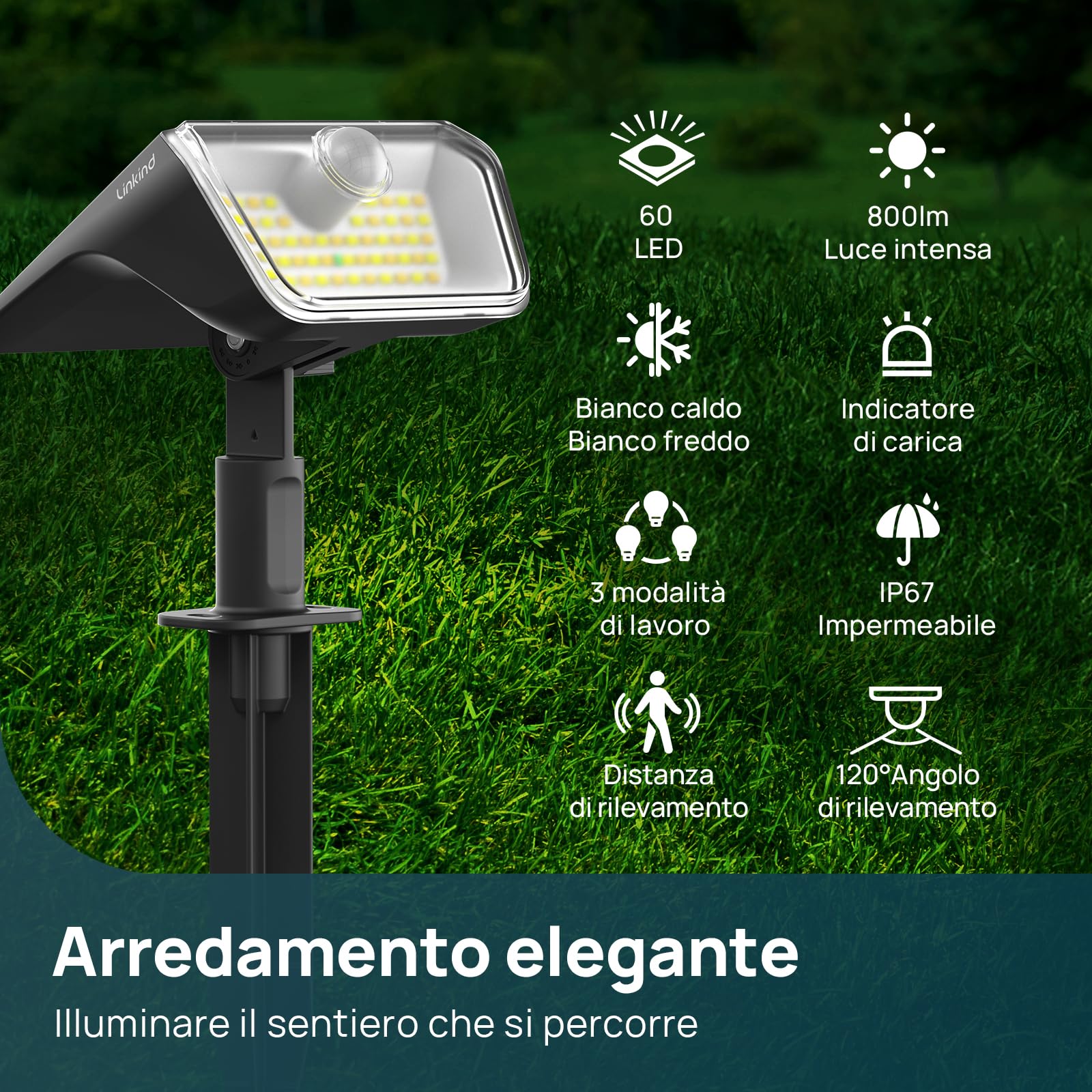 Linkind lampade solari 2 in 1 Luci Solari Esterno Giardino con Sensore di Movimento,3000K & 6500K, 60 LED faretti energia solare da esterni con indicatore di carica,impermeabili IP67,6 Pezzi