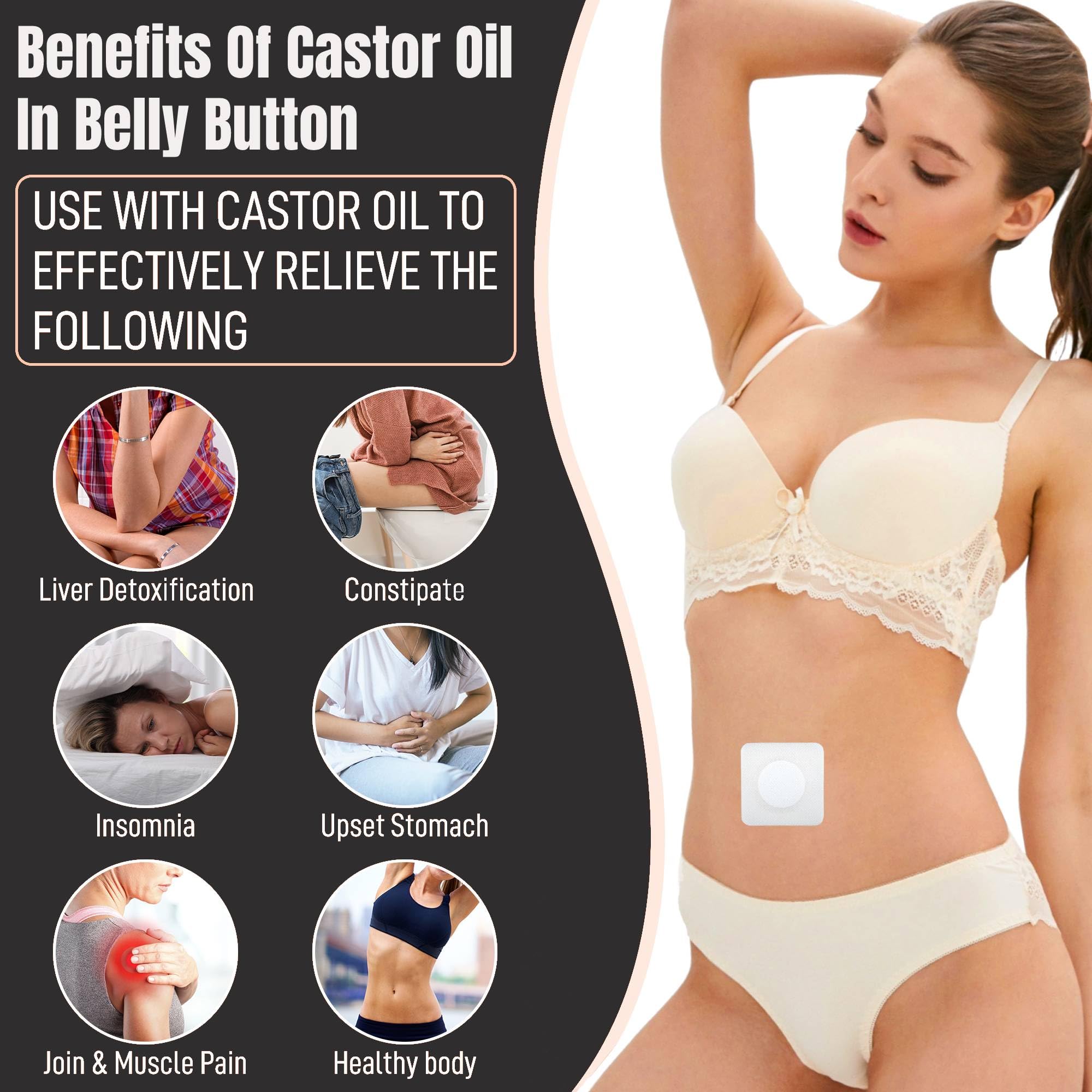 45Pcs Castor Oil Patches in Belly Button for Liver Detox, Highly Absorbent Self-Adhesive Castor Wrap Organic Cotton, No Wash, Easy to Use, Anti-Seepage(Oil Not Included)
