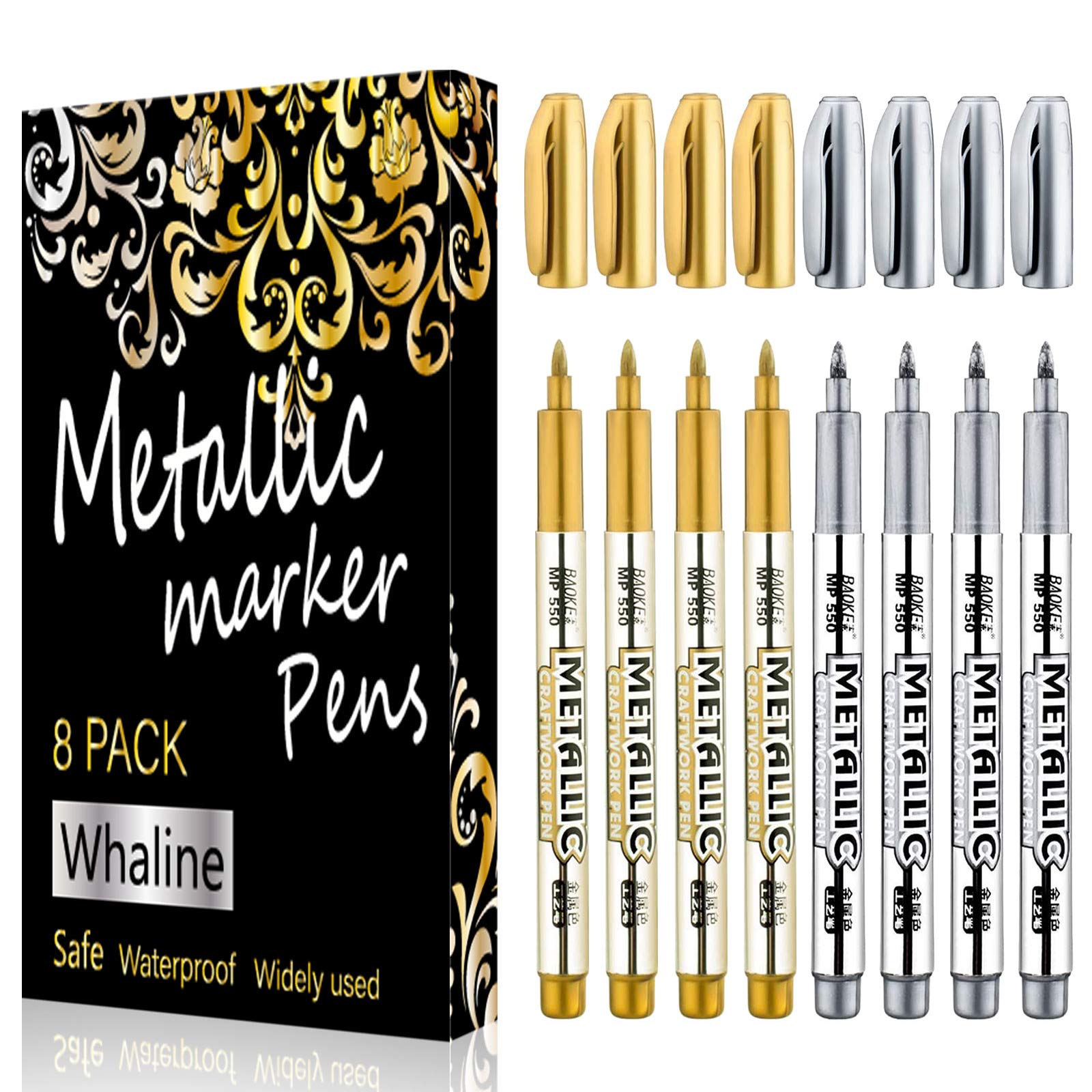 Whaline 8 Rotuladores Metálicos, Marcadores Metálicos Permanentes Plumas para Pintura, Tarjetas, Escritura, Firma, Superficie de Cristal con Letras, 1.5 mm Punta Fina (4 Dorado + 4 Plateado)