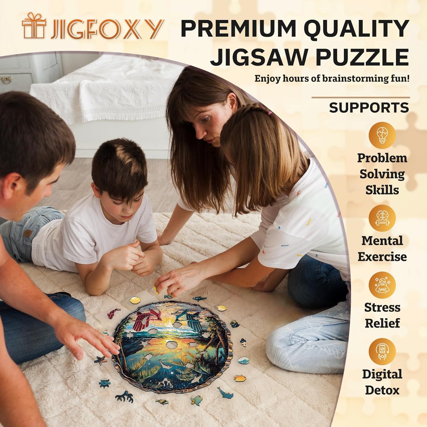 Jigfoxy Wooden Puzzle for Adults, Sunset Beach Wooden Jigsaw Puzzle, Unique Animal-Shaped Wood-Cut Puzzle for Family and Friends, Perfect Valentines Day Gifts (S-8.5 * 8.4in-100pcs)