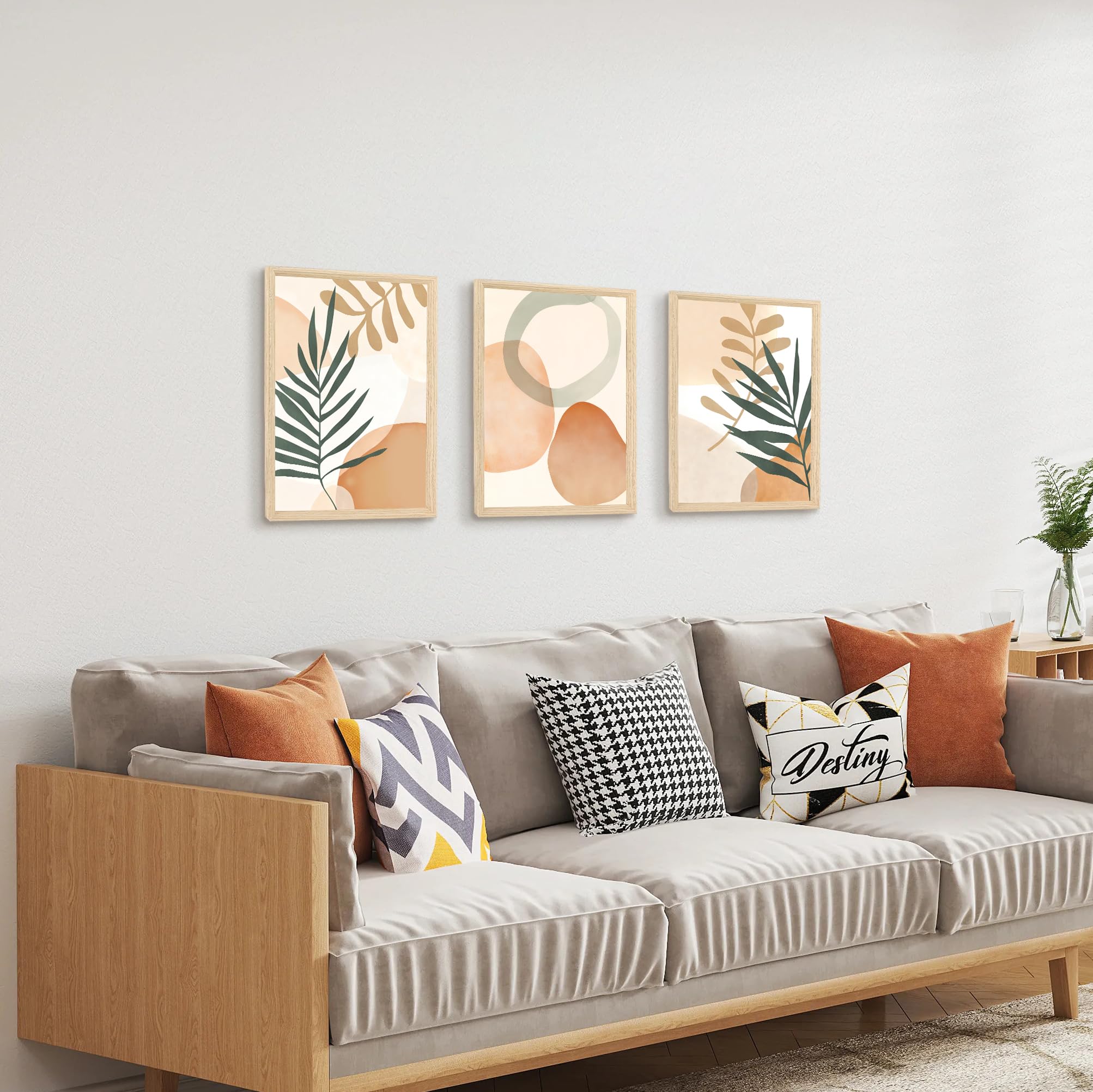 3 Pcs Wooden Framed Canvas Wall Art Set Bohemian Sage Green Canvas Prints Poster Geometric Line Beige Green Pictures for Living Room Bedroom Dinning Room Hallway Stairs Wall Decor 30x40cm x3pcs — view 499