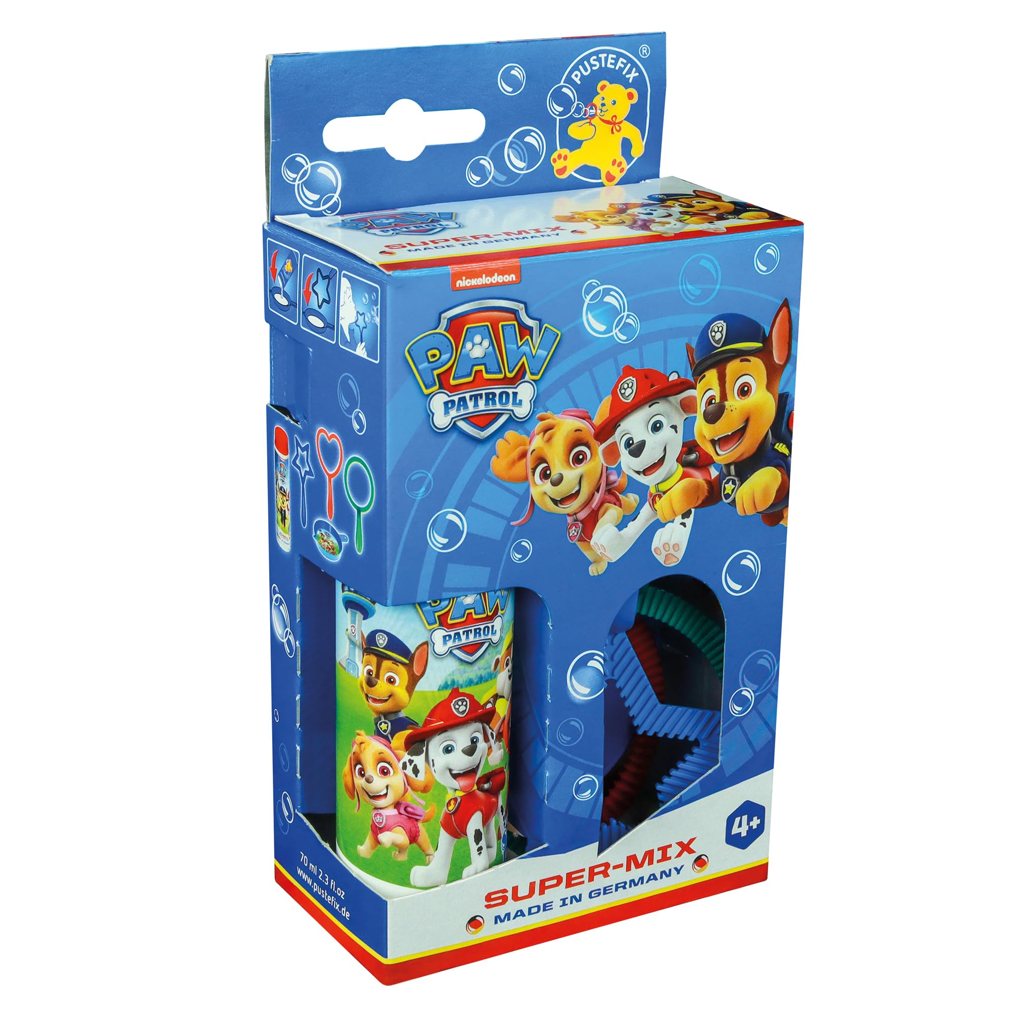 PUSTEFIX Mini-Mix PAW Patrol Seifenblasen Set I Ideal für Kinder & Erwachsene im Sommer I 70ml Seifenlösung mit Herz-, K