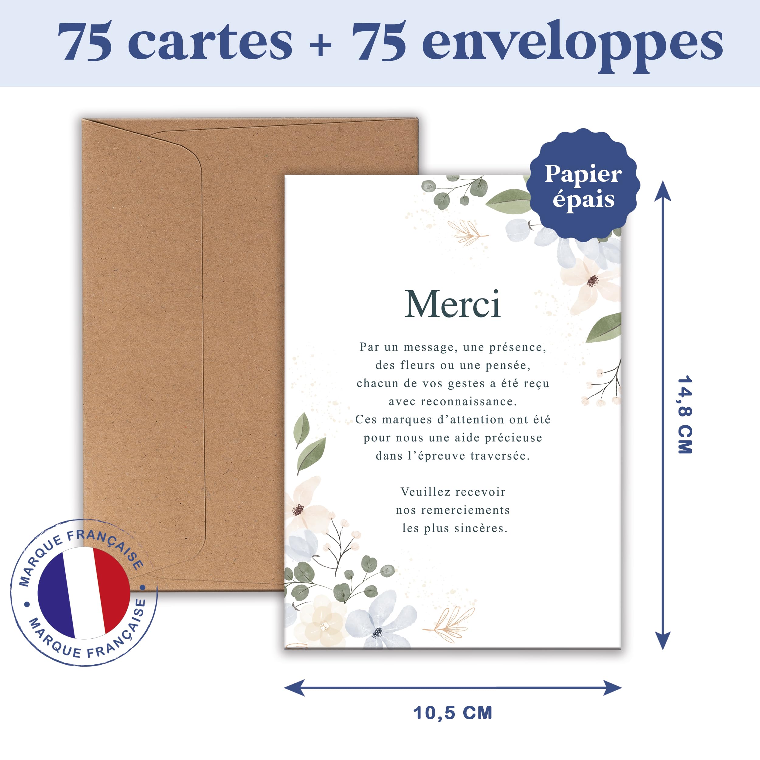 Cartes Remerciement Deuil Décès Obsèques Enterrement - Lot 25/50/75 + Enveloppes - Papier 400g - Design Sobre Élégant Fleurs Bougie Étoile - Marque Française (Lot de 75, Fleurs)