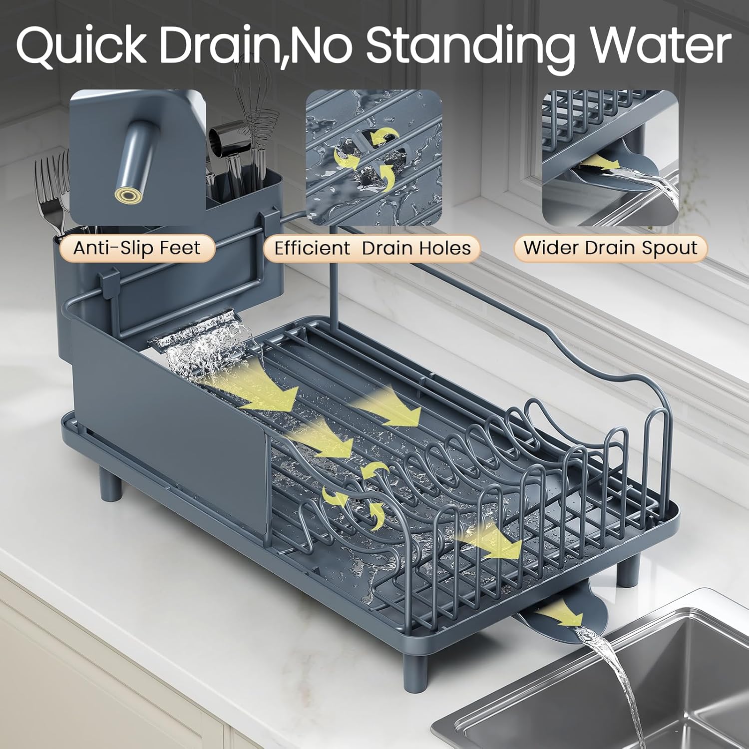 Dish Drying Rack Large Capacity - Stainless Steel Dish Rack for Kitchen Counter with Drain Board, Rustproof Dish Drainer with Auto Drain Spout, Utensil Holder & Glass Holder, Dinnerware Organizer