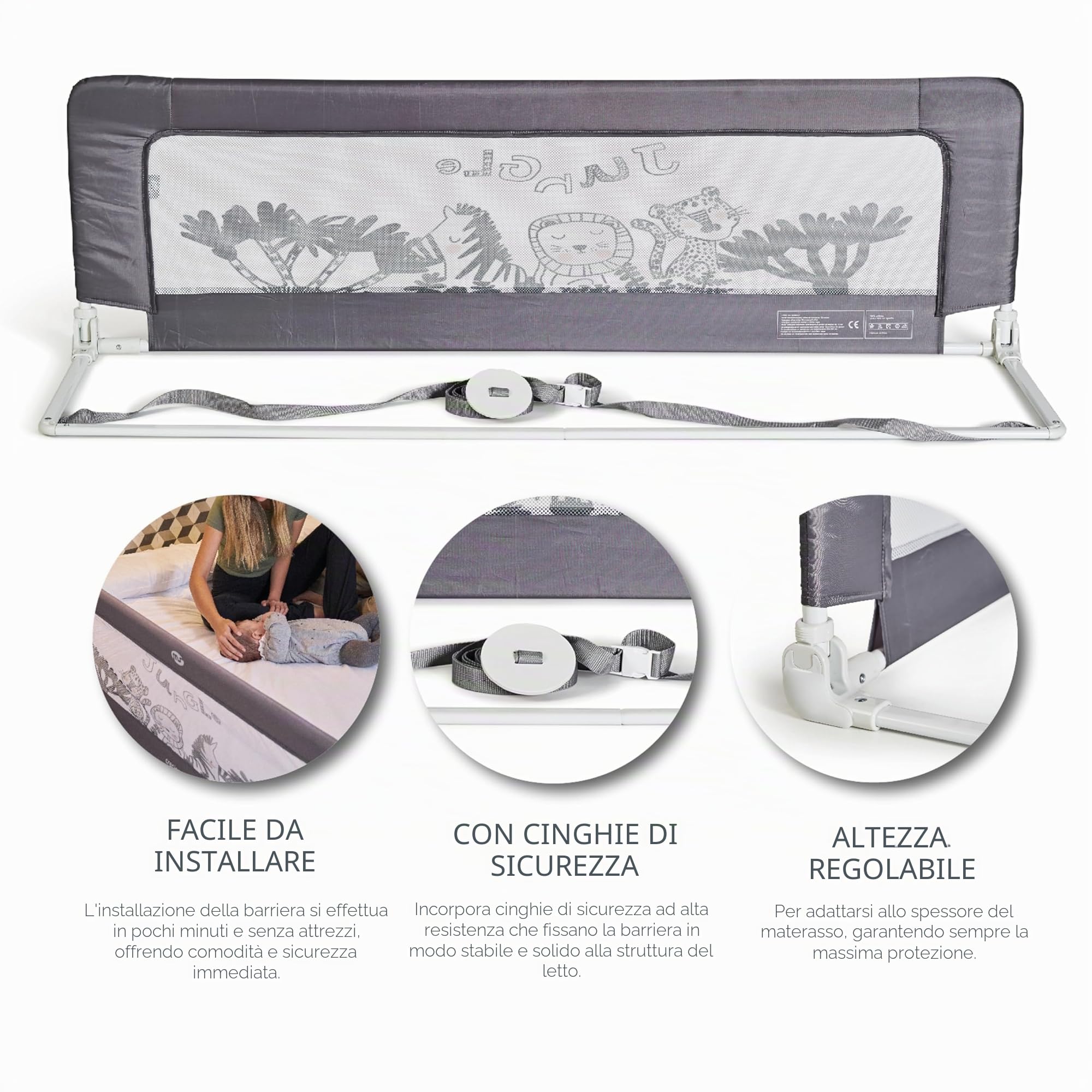 ms Baby World - Balaustra di sicurezza portatile per bambini | Barriera per letto da viaggio | pieghevole e portatile, fissaggio sicuro, 150 cm | Grigio.