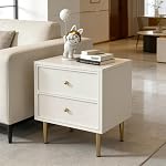 GStone Modern Square Nightstand, 2-Drawer Bedside Table with Solid Wood Drawers, Smooth Easy-Clean Surface, Metal Legs, Minimalist Bedroom Night Stand – 48W×40D×58Hcm (White/Gold Hardwares)