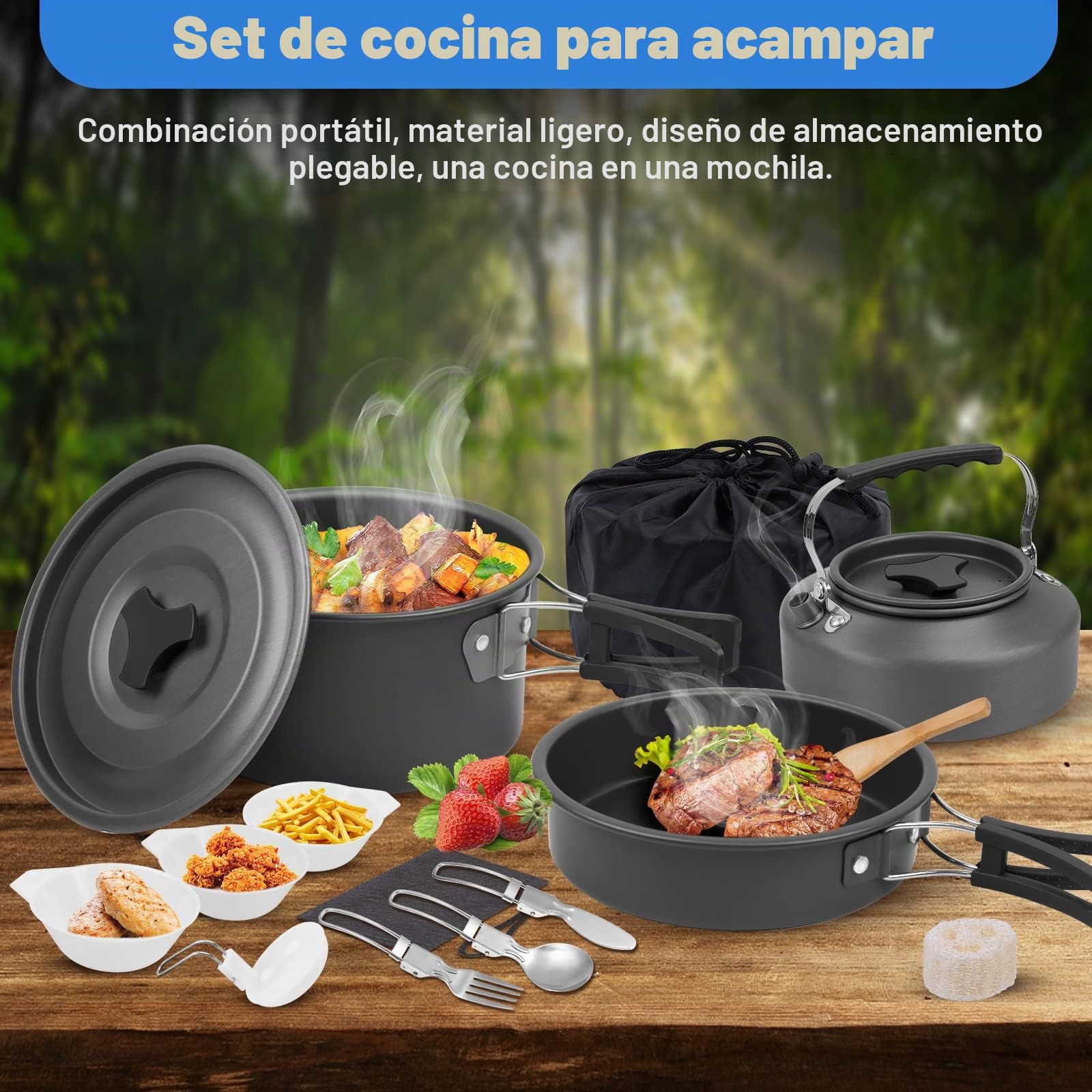 Juego de Ollas de Camping de 14 Piezas, Kit de Utensilios de Cocina para Acampar, Juego de Cocina para Acampar, Vajilla para Cocinar al Aire Libre, para Cocina al Aire Libre, Senderismo, Camping