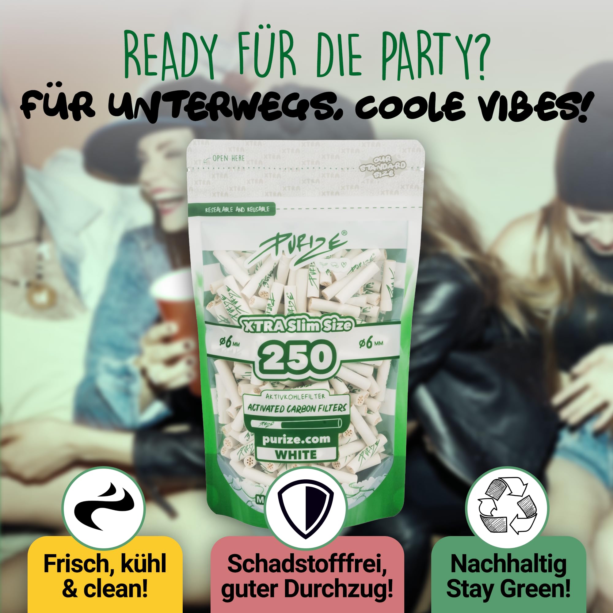 PURIZE® Beutel | 250 Xtra Slim Size Aktivkohlefilter Weiß