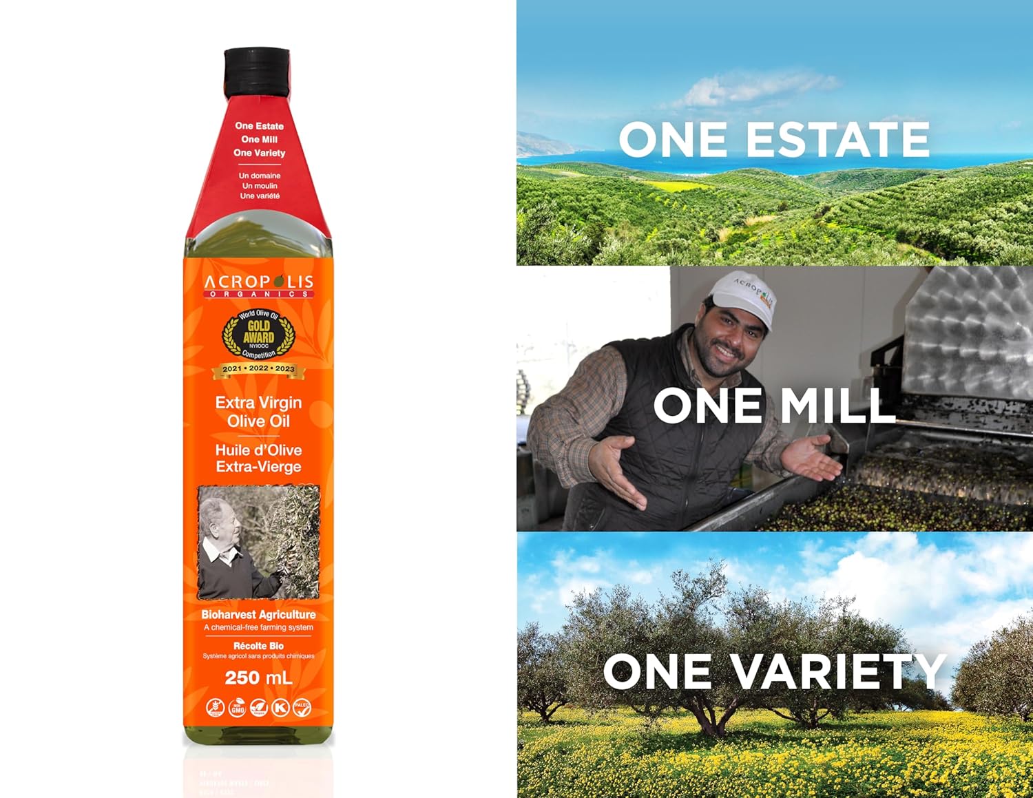 Acropolis Organics Gift Box-Bio-Harvest Extra Virgin Olive Oil 250ml -Acropolis Organics Mousto Balsamic Vinegar 250ml - Polyphenols Rich, Subtle Peppery Finish, Premium Harvest, First Cold Pressed, Single Sourced, Family Made in Crete, Greece. Unrefined, Raw, Bottled on Site. Single Olive Variety (Koroneiki). Balsamic is traditionally crafted- Aged 6 years- Product of Crete, Greece- Non-GMO Certified, No Sugar/ No sweeteners added- Pure hancrafted- Perfect for Salads, Marinades and Dipping.