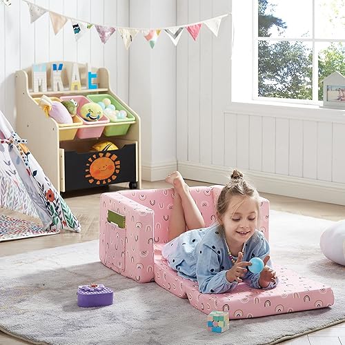 Miniatura 4 de Ulax furniture Sofá plegable para niños, sofá convertible 2 en 1 para niños con tela de felpa suave (arcoíris rosa)