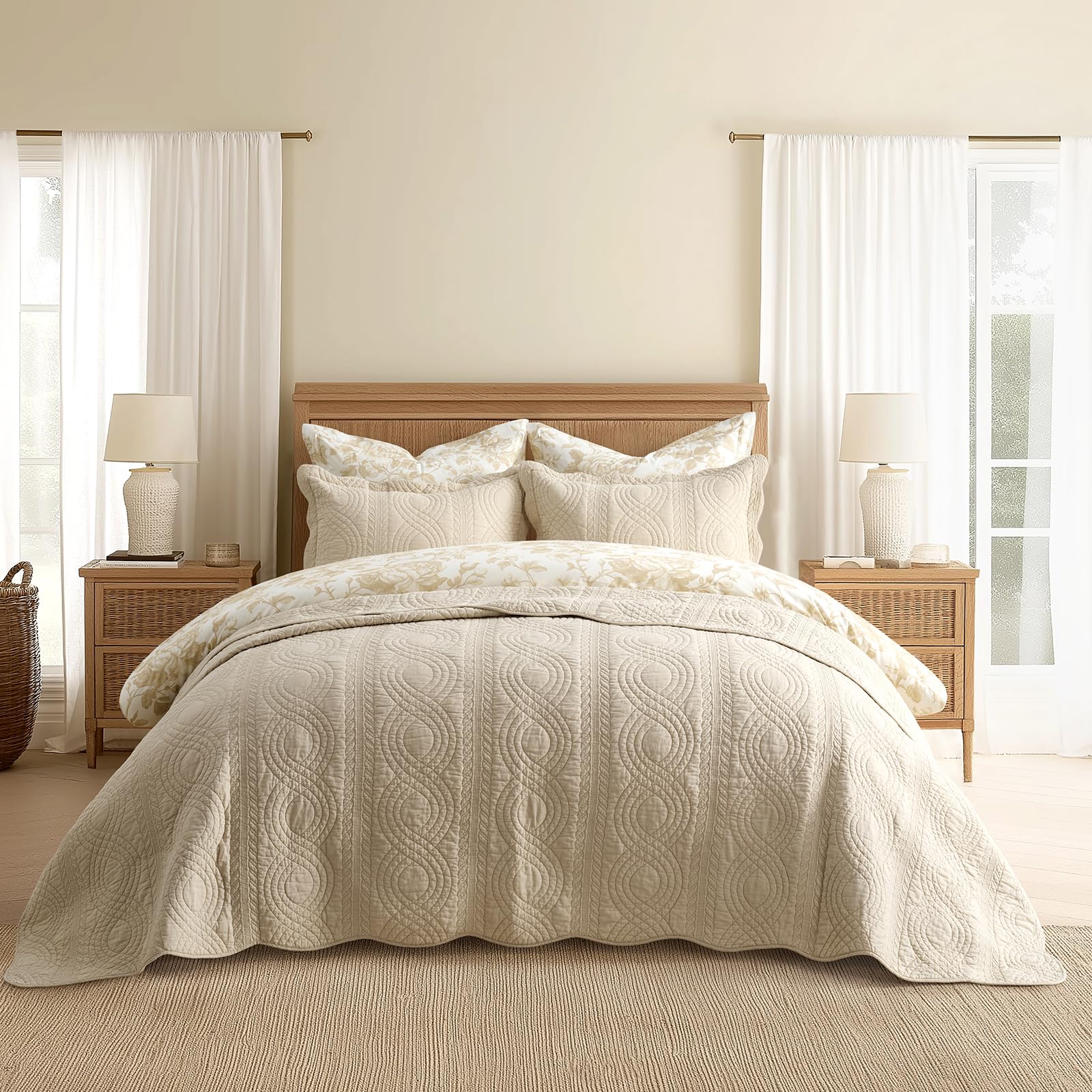 EVERGRACE 100% Cotton Scallop Quilt Set, King Size 3 Piece Set – Lightweight Bedspread with 2 Shams, Soft Prewashed Matelasse-Style Quilted Coverlet for Cozy and Elegant Bedding, Flax Beige