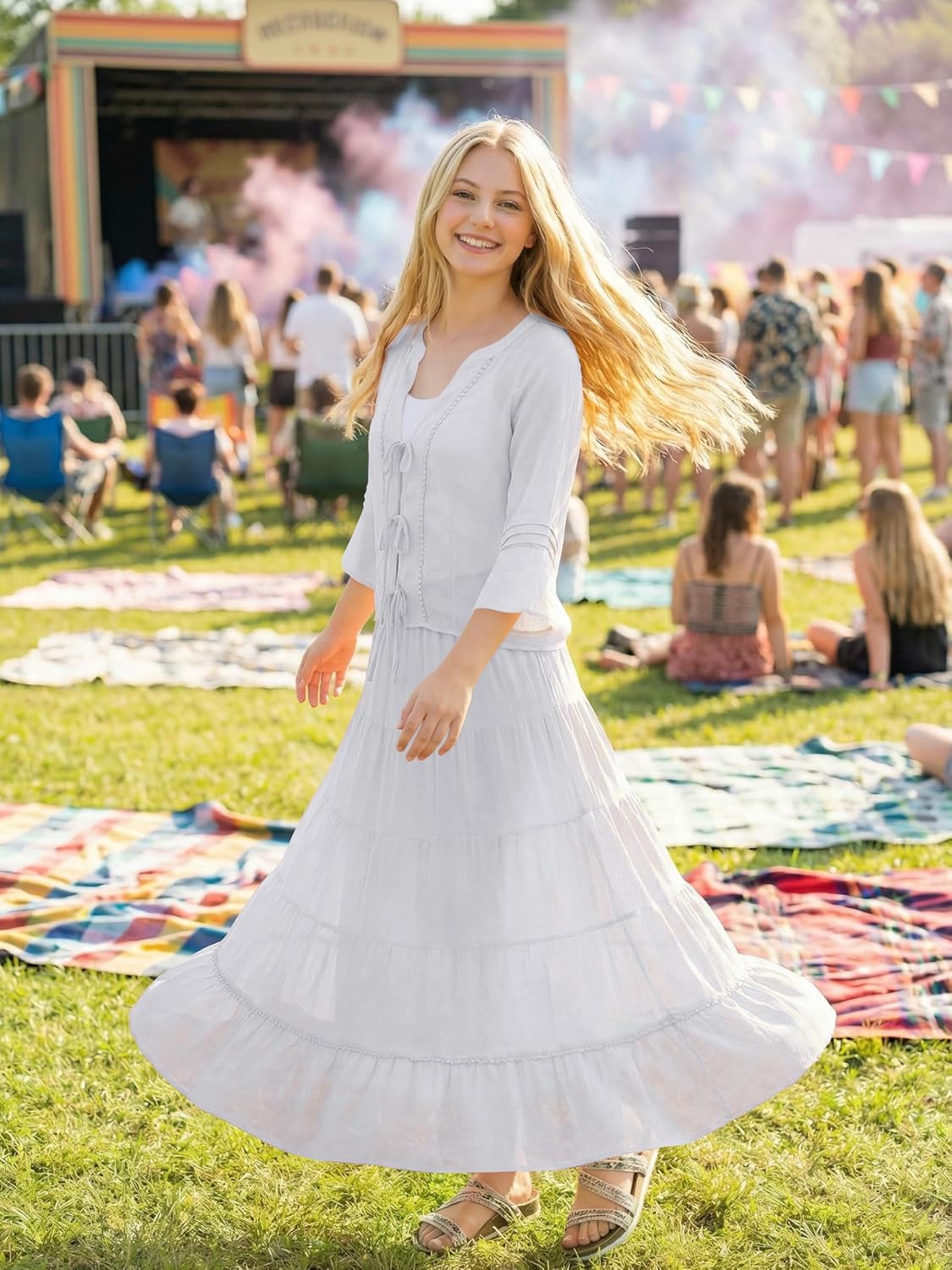 Womens 2 Piece Skirt Sets Summer Tie Front Chiffon Blouse Elastic Waist Maxi Dress Sets Vacation Outfit with Pockets