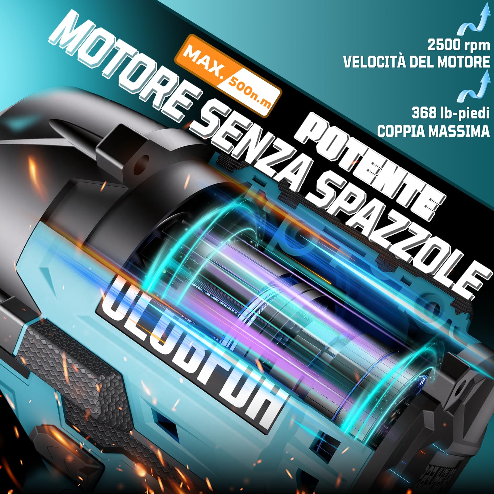 Avvitatore a Impulsi Brushless, 500 Nm Avvitatore a Impulsi a Batteria, 1/2" Trapano a Impulsi Brushless, 3-in-1, con Batterie da 4,0 Ah e Caricabatterie, 6 Bussole