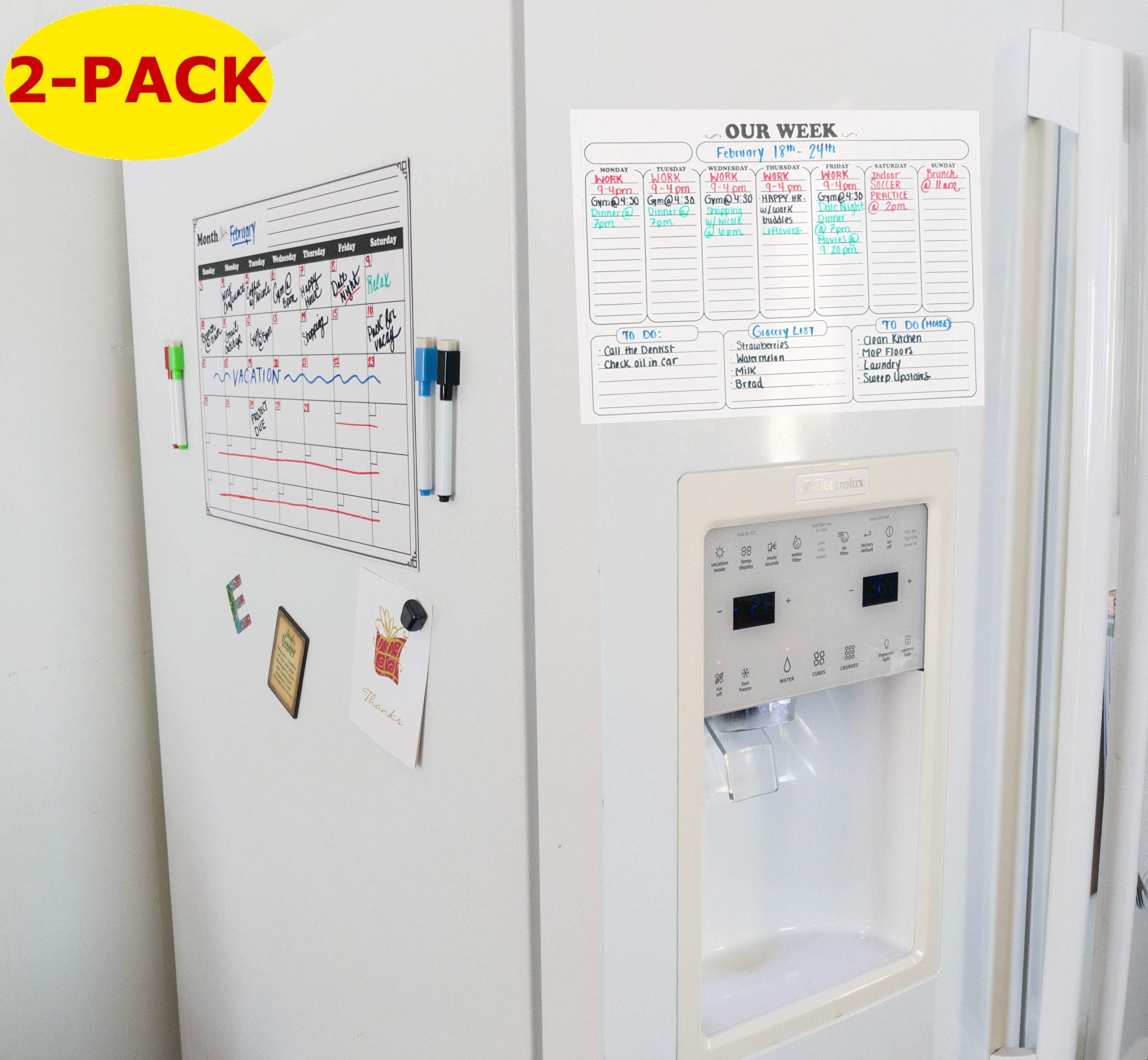 Magnetic Calendar For Fridge 2019 2-Pack. Dry Erase Whiteboard For Refrigerator, Monthly & Weekly Kitchen Planners 16 x 12 inch