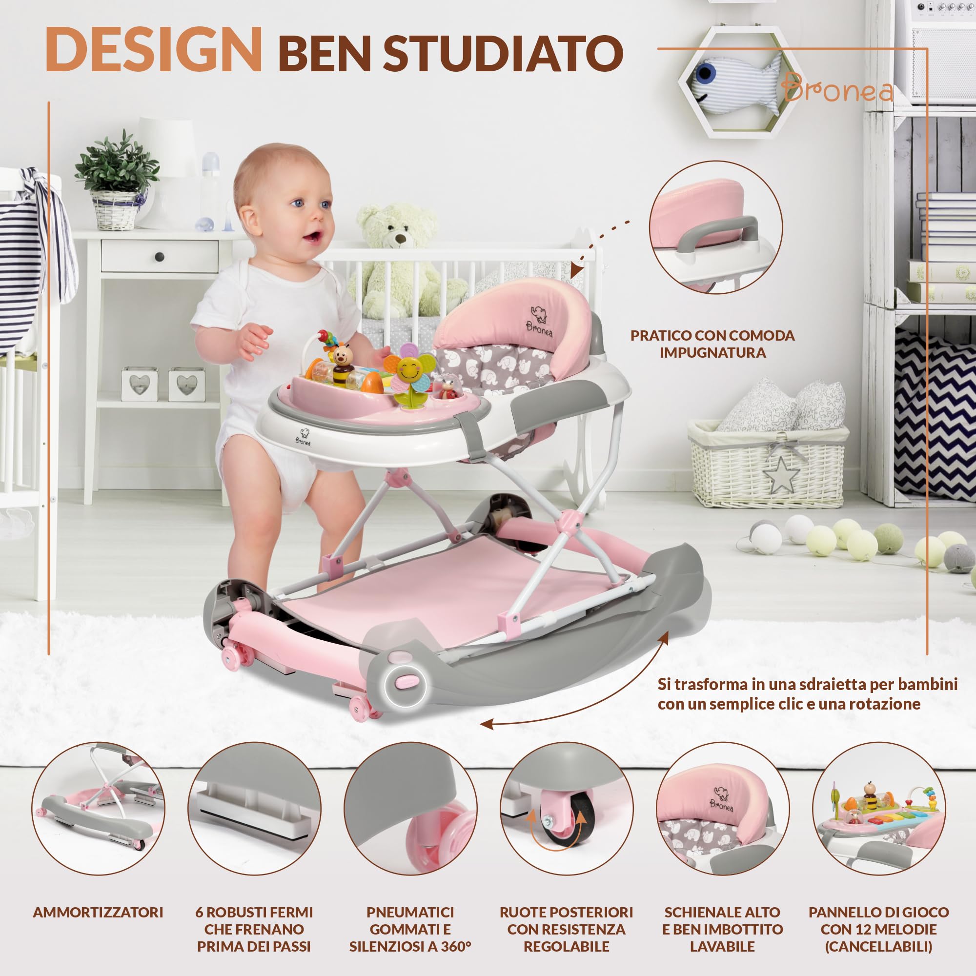 Girello 4-in-1 per Bambini con funzione altalena e pannello di gioco con musica | Regolabile in altezza e pieghevole | Con ruote silenziose e freno